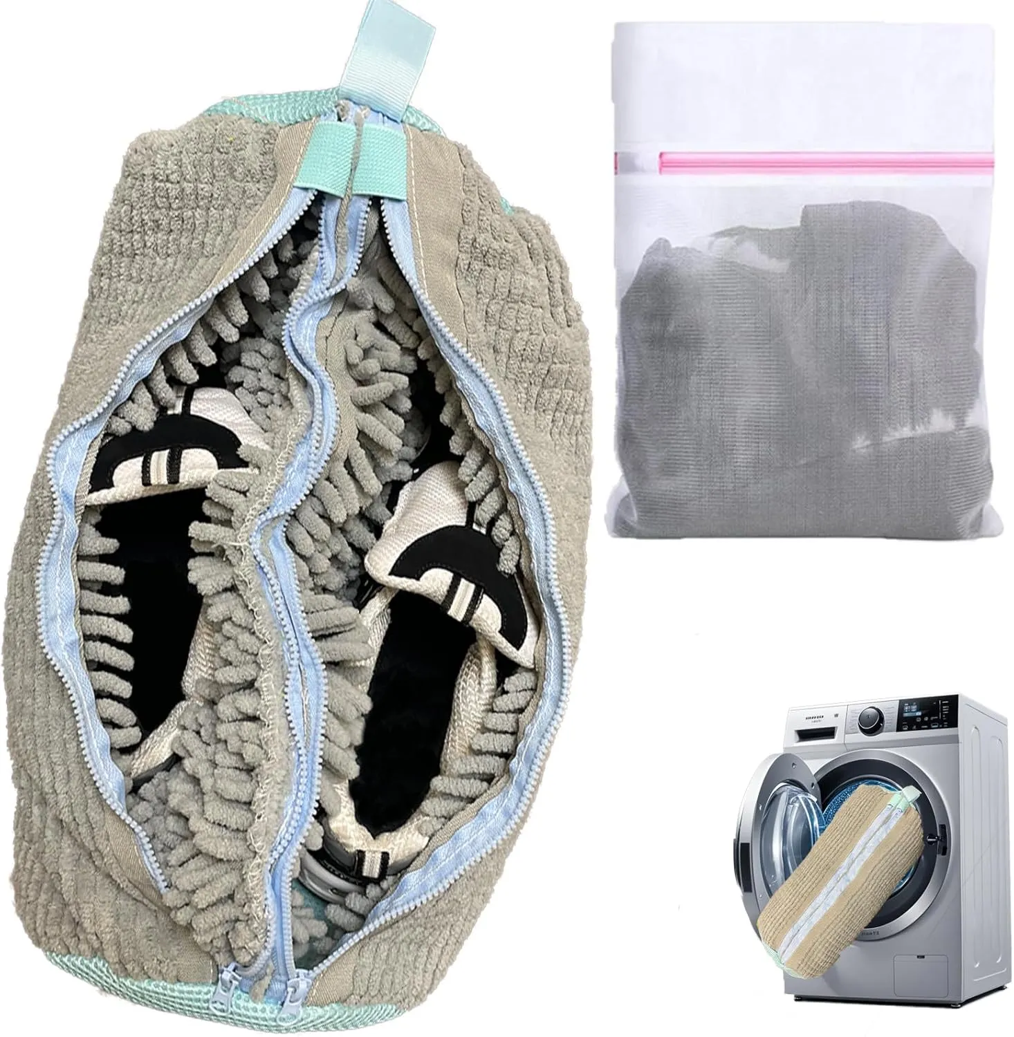 Double Zipper Shoe Washing Bag in Washing Machine, Durable Laundry Shoe Bag for 2 Shoes, Delicate Sneaker Shoes Clean Bag, Unstain Flat Shoes Bag for Washer, Keep Shoes & Washing Machine Clean(Grey)