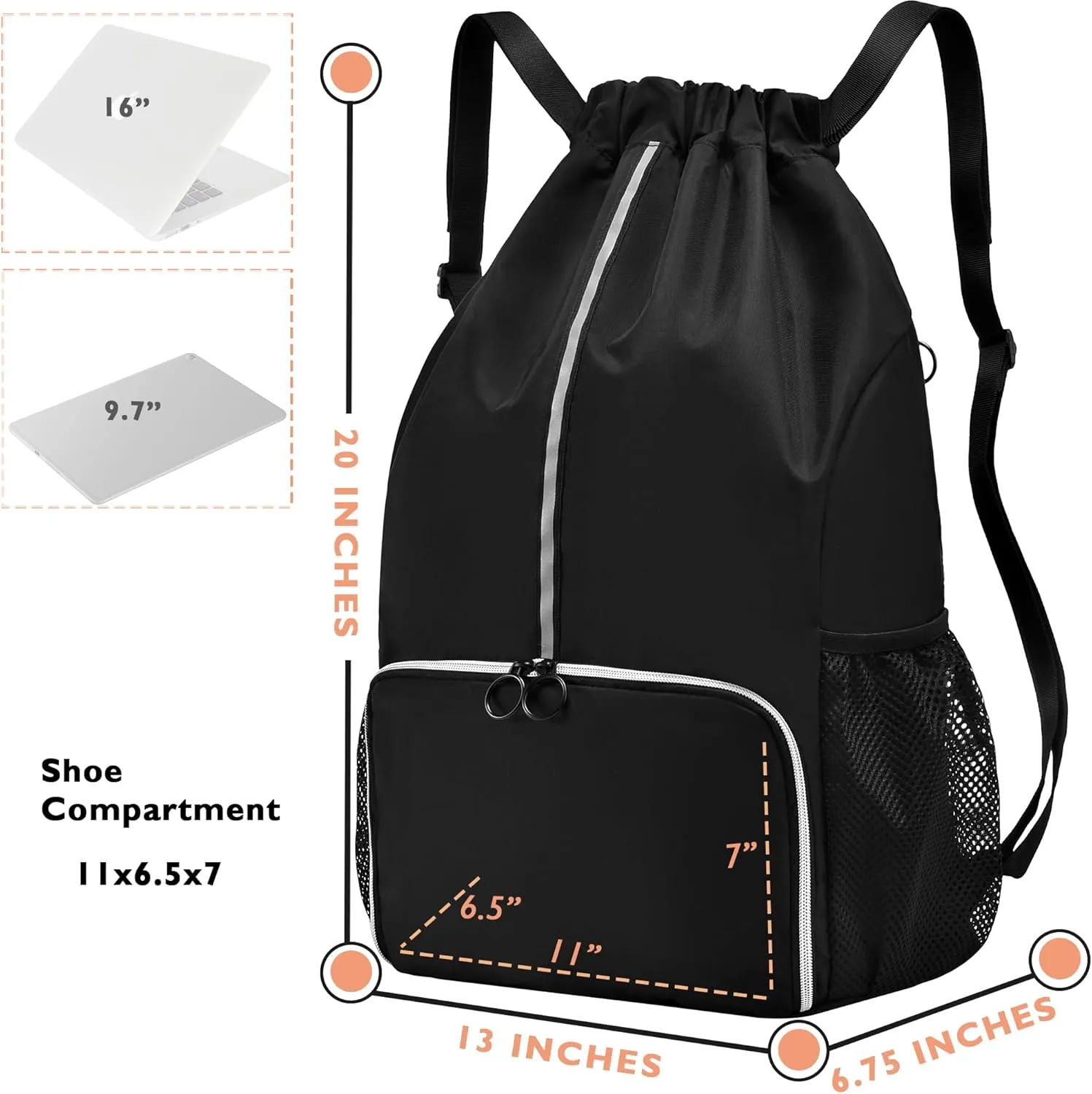 Drawstring Backpack Bag with Shoe Compartment, X-Large Gym, Beach, Sports Backpack for Women & Men