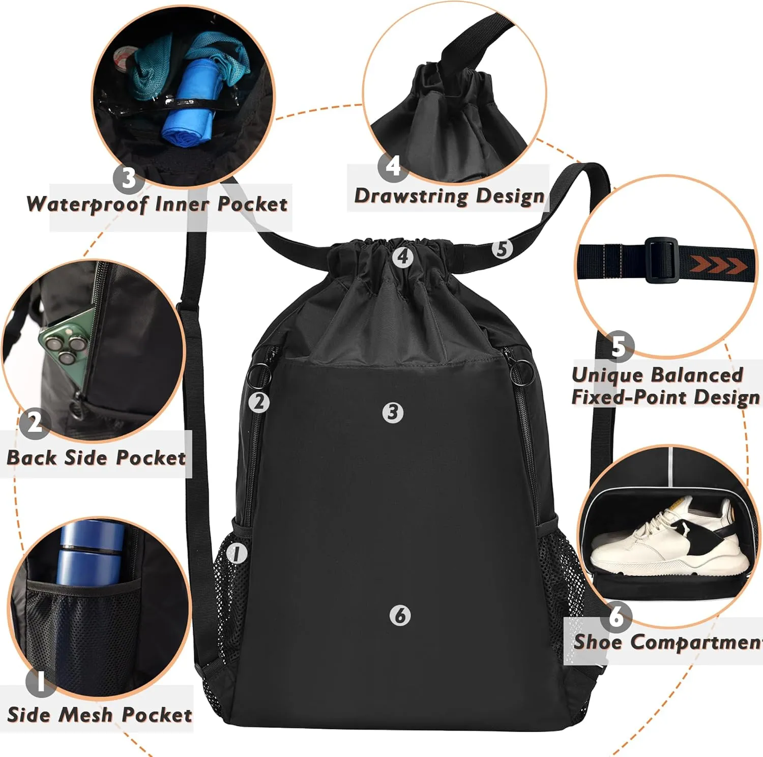 Drawstring Backpack Bag with Shoe Compartment, X-Large Gym, Beach, Sports Backpack for Women & Men