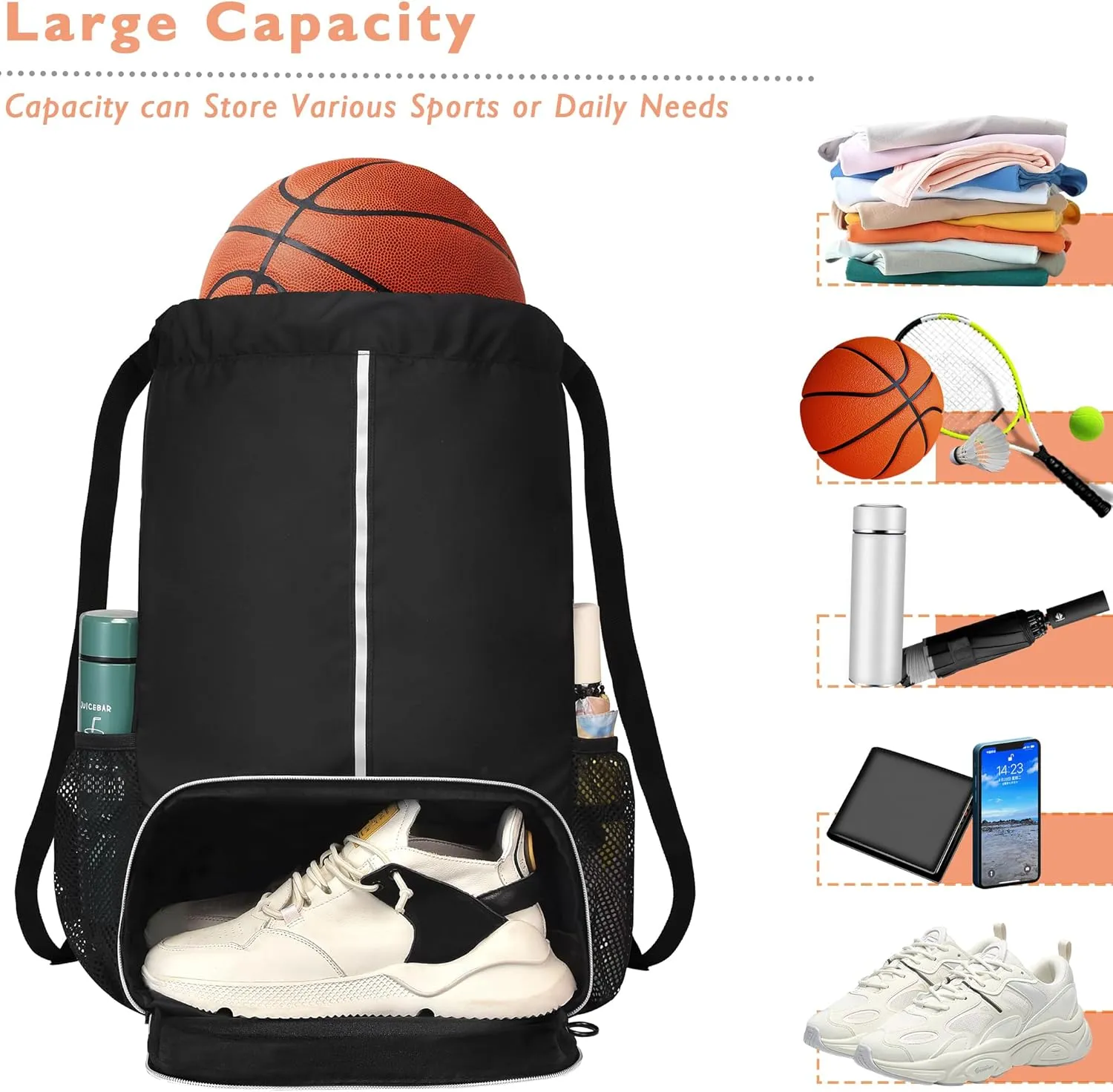 Drawstring Backpack Bag with Shoe Compartment, X-Large Gym, Beach, Sports Backpack for Women & Men