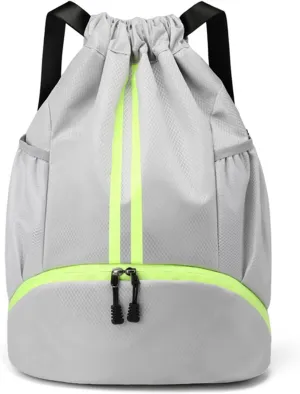 Drawstring Backpack Gym Bag with Shoes Compartment for Soccer, Basketball, Swim, Water-Resistant String Backpack Beach Cinch for Women Men, Grey