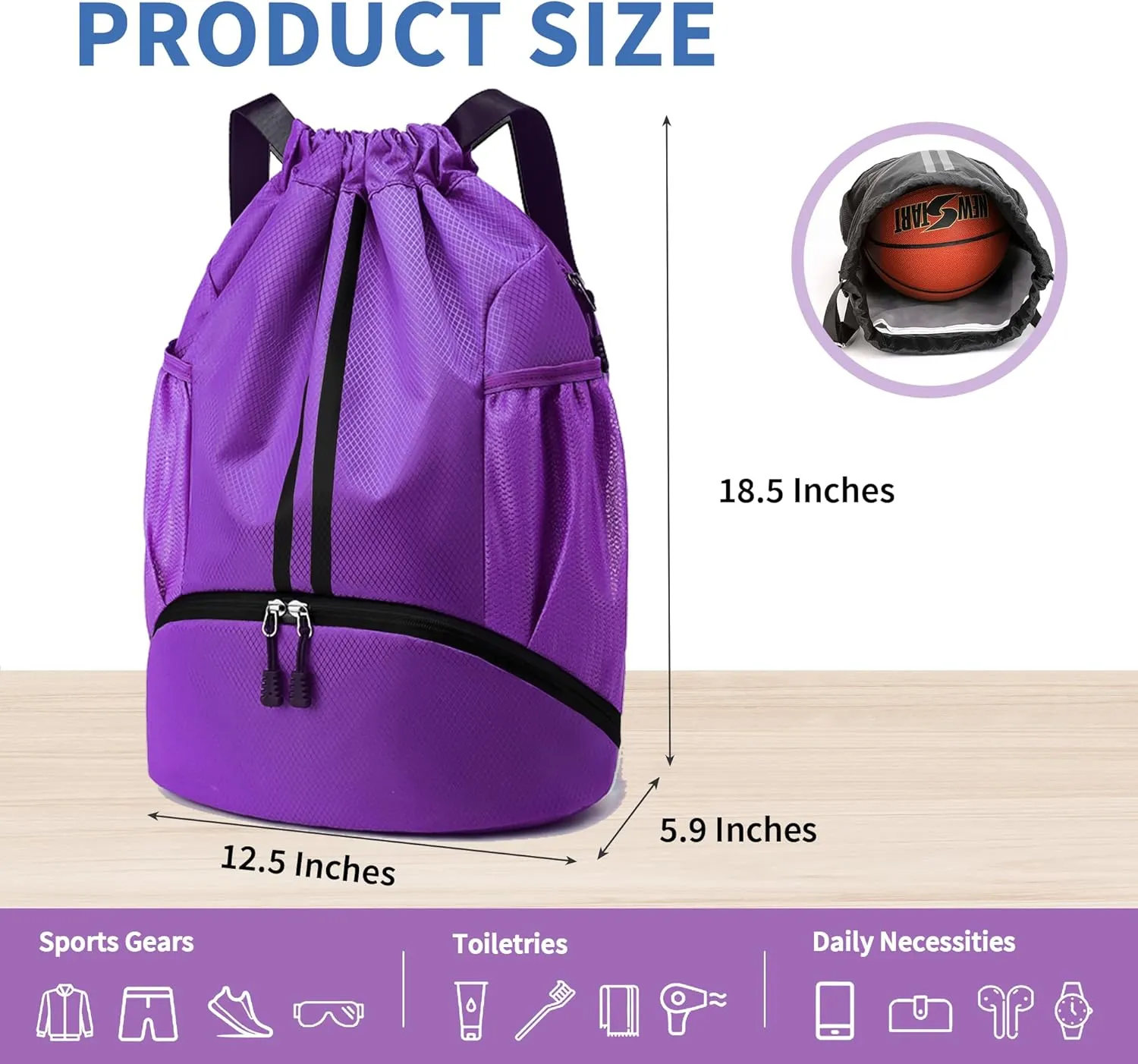 Drawstring Backpack Gym Bag with Shoes Compartment for Soccer, Basketball, Swim, Water-Resistant String Backpack Beach Cinch for Women Men, Purple
