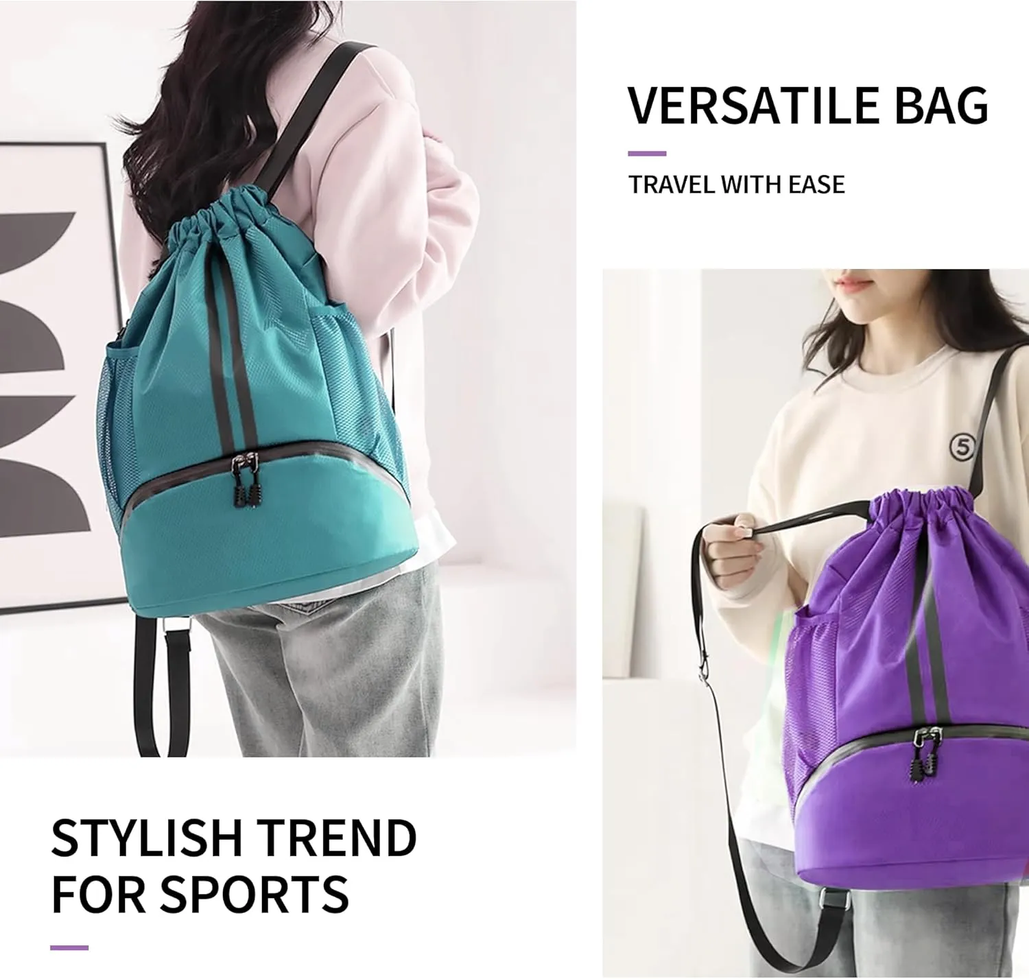Drawstring Backpack Gym Bag with Shoes Compartment for Soccer, Basketball, Swim, Water-Resistant String Backpack Beach Cinch for Women Men, Purple