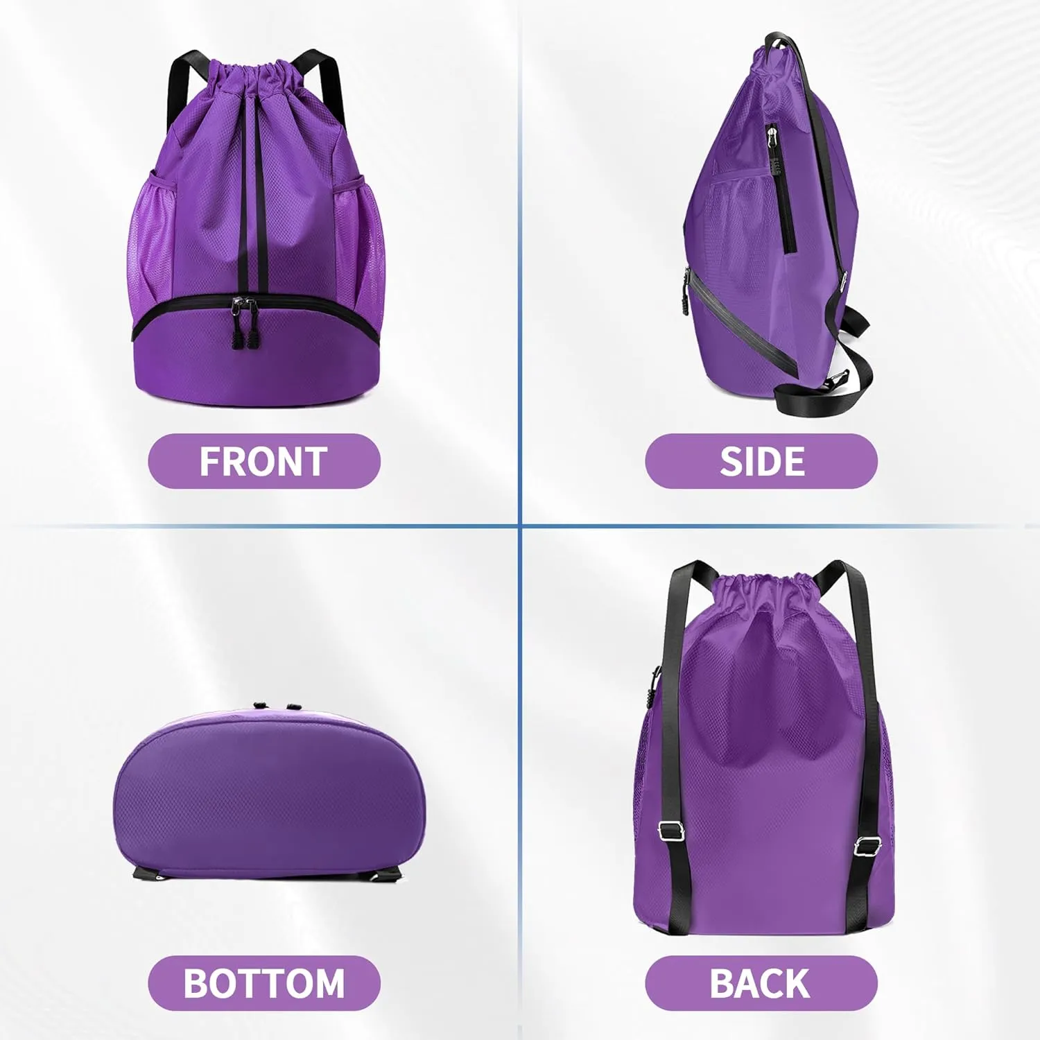 Drawstring Backpack Gym Bag with Shoes Compartment for Soccer, Basketball, Swim, Water-Resistant String Backpack Beach Cinch for Women Men, Purple