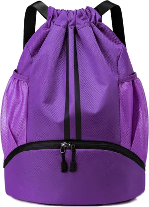 Drawstring Backpack Gym Bag with Shoes Compartment for Soccer, Basketball, Swim, Water-Resistant String Backpack Beach Cinch for Women Men, Purple