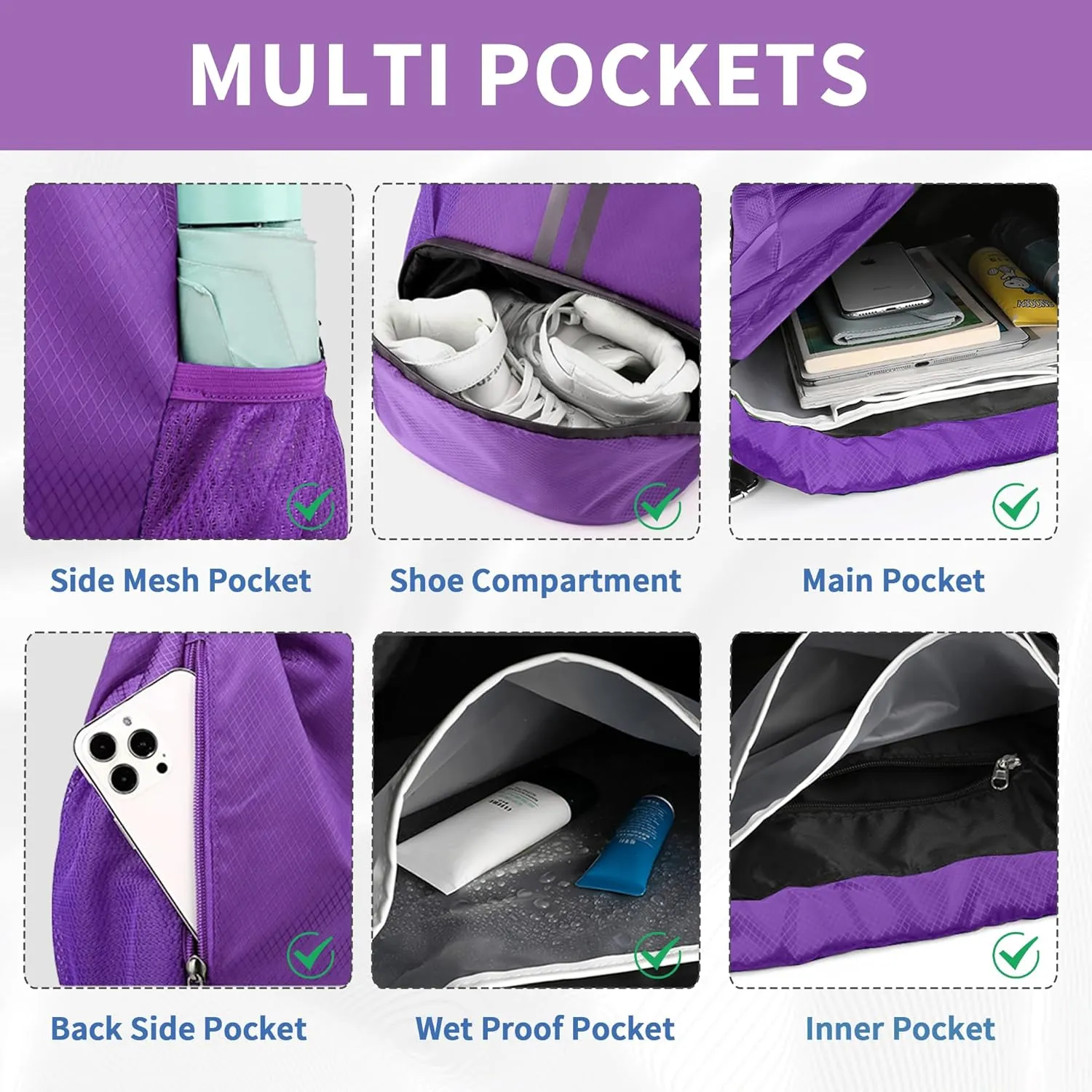 Drawstring Backpack Gym Bag with Shoes Compartment for Soccer, Basketball, Swim, Water-Resistant String Backpack Beach Cinch for Women Men, Purple