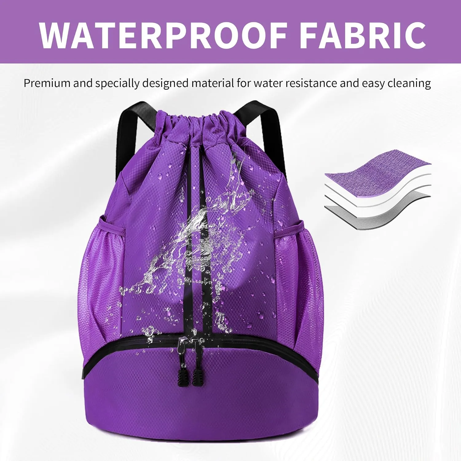 Drawstring Backpack Gym Bag with Shoes Compartment for Soccer, Basketball, Swim, Water-Resistant String Backpack Beach Cinch for Women Men, Purple
