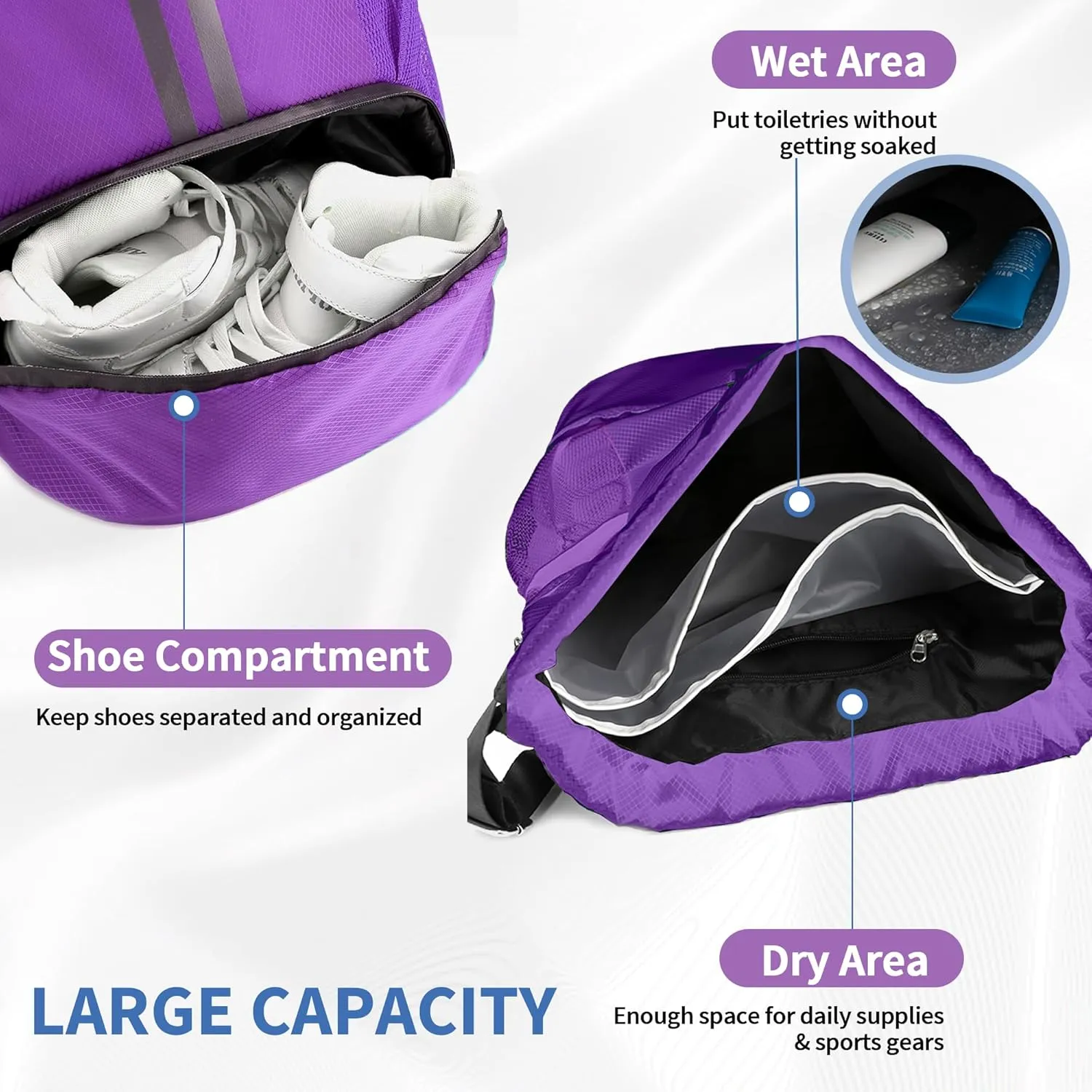 Drawstring Backpack Gym Bag with Shoes Compartment for Soccer, Basketball, Swim, Water-Resistant String Backpack Beach Cinch for Women Men, Purple
