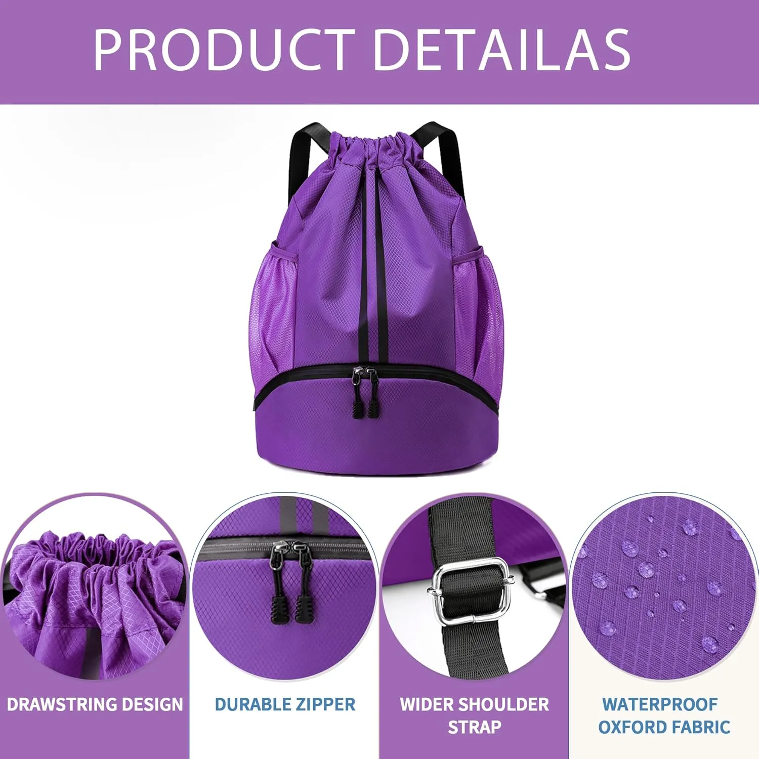 Drawstring Backpack Gym Bag with Shoes Compartment for Soccer, Basketball, Swim, Water-Resistant String Backpack Beach Cinch for Women Men, Purple