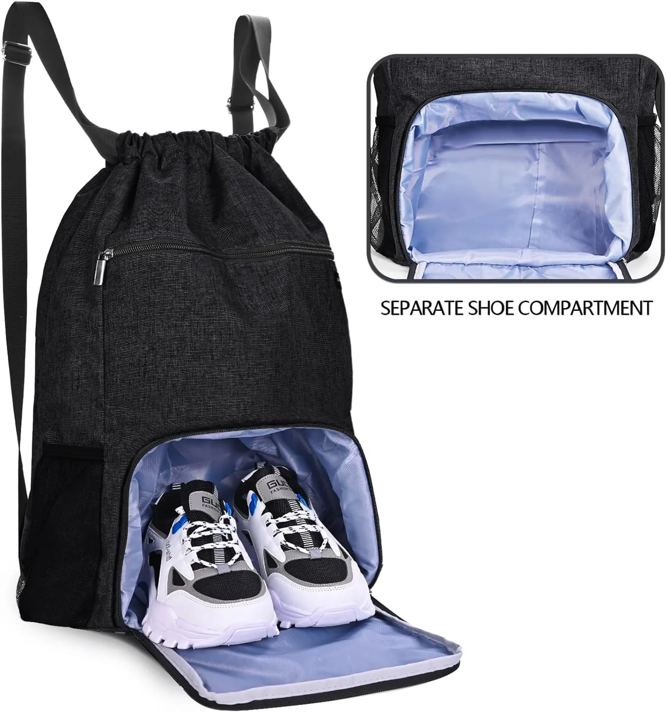 Drawstring Backpack with Wet Pocket & Shoe Compartment, Water-Resistant Sports Gym Swim String Bag for Women Men(Black)