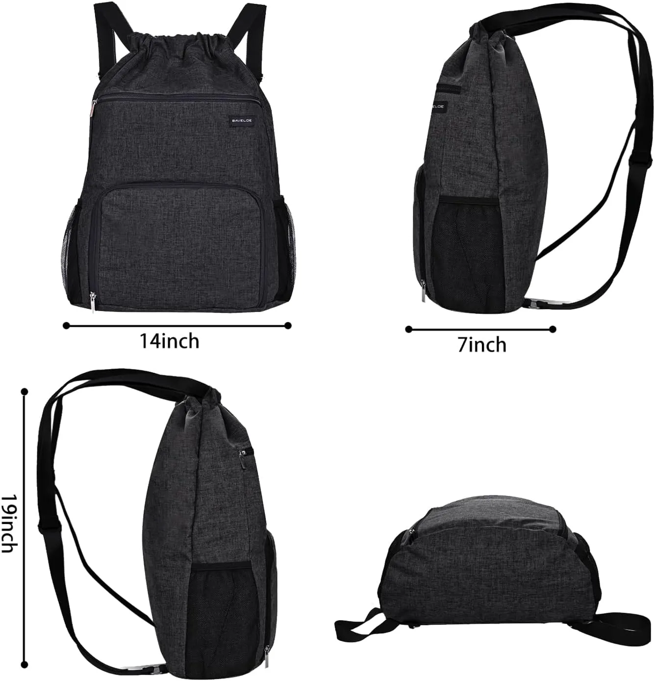Drawstring Backpack with Wet Pocket & Shoe Compartment, Water-Resistant Sports Gym Swim String Bag for Women Men(Black)