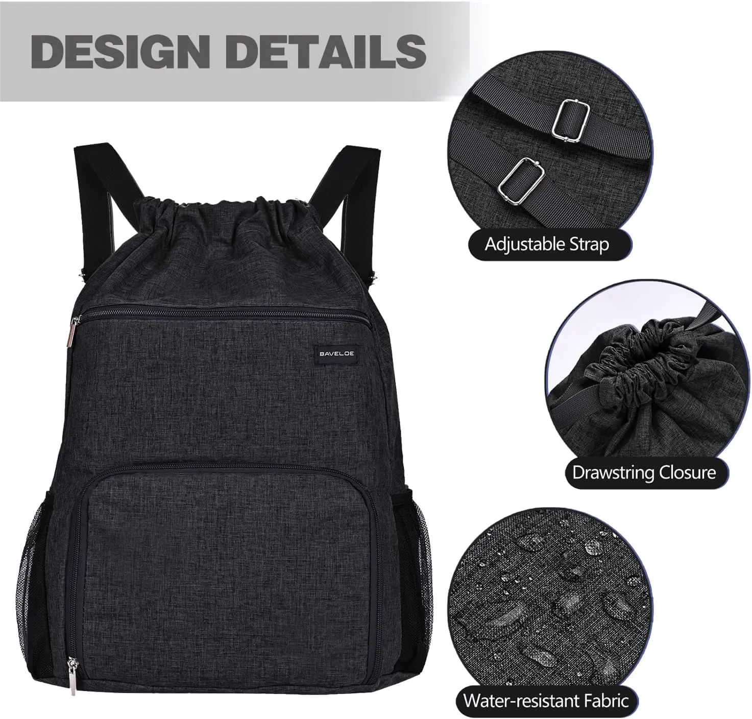 Drawstring Backpack with Wet Pocket & Shoe Compartment, Water-Resistant Sports Gym Swim String Bag for Women Men(Black)