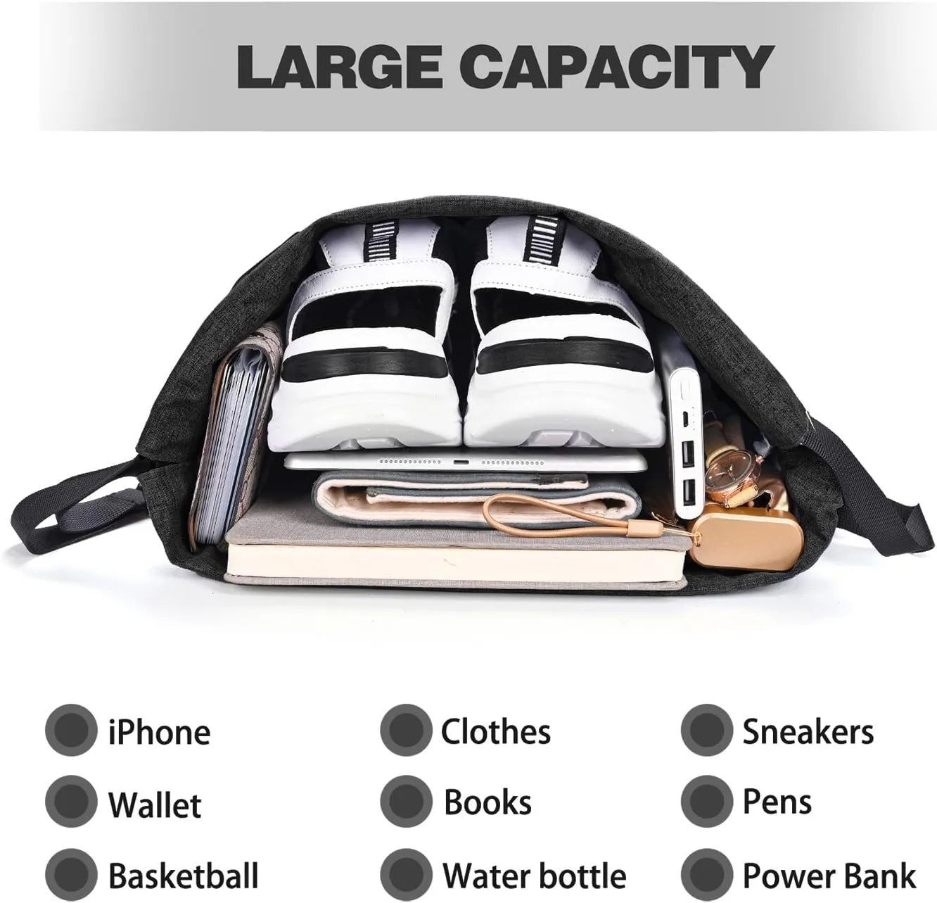 Drawstring Backpack with Wet Pocket & Shoe Compartment, Water-Resistant Sports Gym Swim String Bag for Women Men(Black)