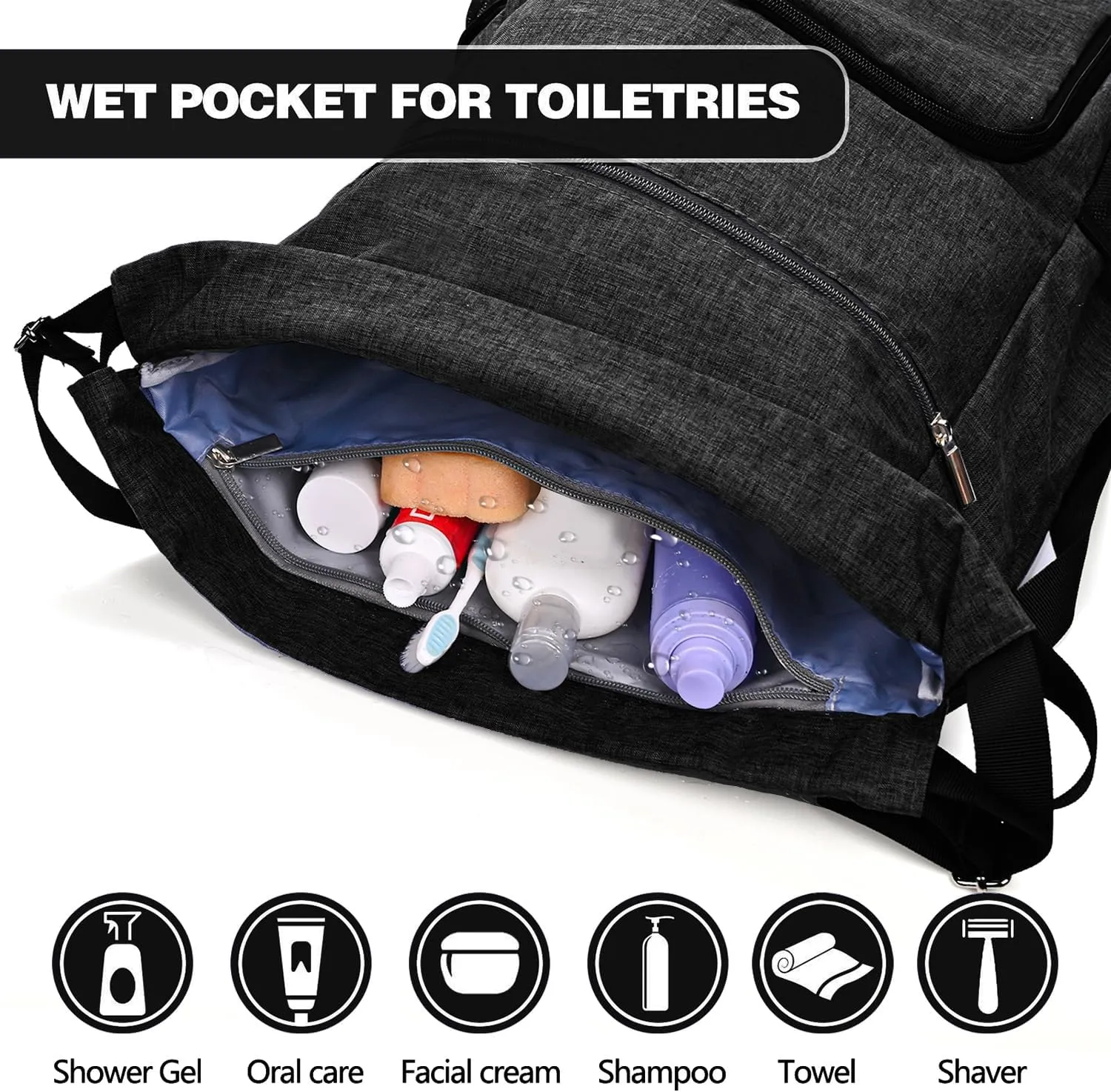 Drawstring Backpack with Wet Pocket & Shoe Compartment, Water-Resistant Sports Gym Swim String Bag for Women Men(Black)