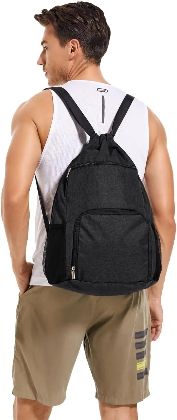 Drawstring Backpack with Wet Pocket & Shoe Compartment, Water-Resistant Sports Gym Swim String Bag for Women Men(Black)