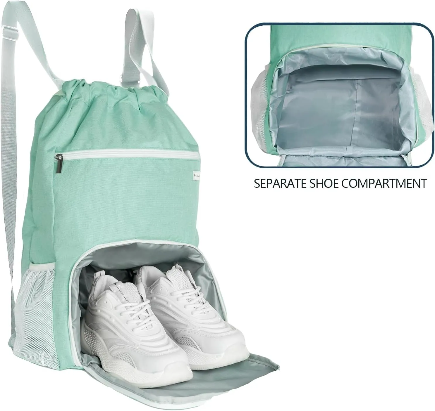 Drawstring Backpack with Wet Pocket & Shoe Compartment, Water-Resistant Sports Gym Swim String Bag for Women Men(Mint Green)