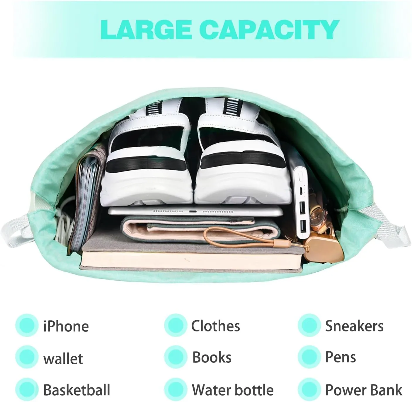Drawstring Backpack with Wet Pocket & Shoe Compartment, Water-Resistant Sports Gym Swim String Bag for Women Men(Mint Green)
