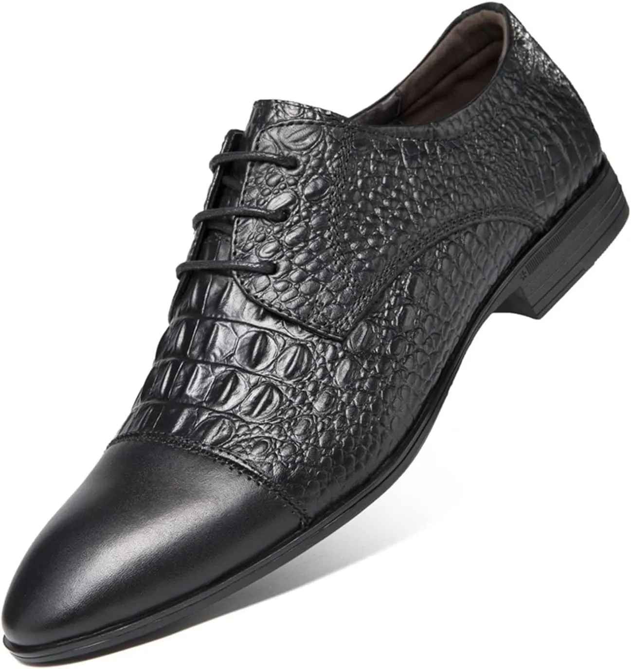Dress Shoes for Men Lace Up Cap Toe Crocodile Embossed Derby Shoes Leather Rubber Sole Anti-Slip Non Slip Low Top Block Heel Prom (Color : Black, Size : 7.5)