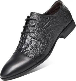 Dress Shoes for Men Lace Up Cap Toe Crocodile Embossed Derby Shoes Leather Rubber Sole Anti-Slip Non Slip Low Top Block Heel Prom (Color : Black, Size : 7.5)