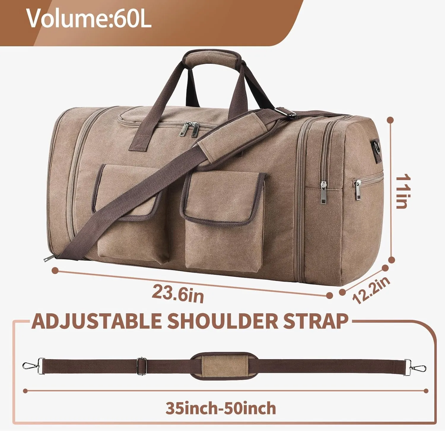 Duffle Bag for Travel, Canvas Travel Duffel Bags Large Travel Bags Overnight Weekend Gym Bag Carry On Duffel Bag with Wet Dry Separation Pocket & Shoe Compartment (Coffee)