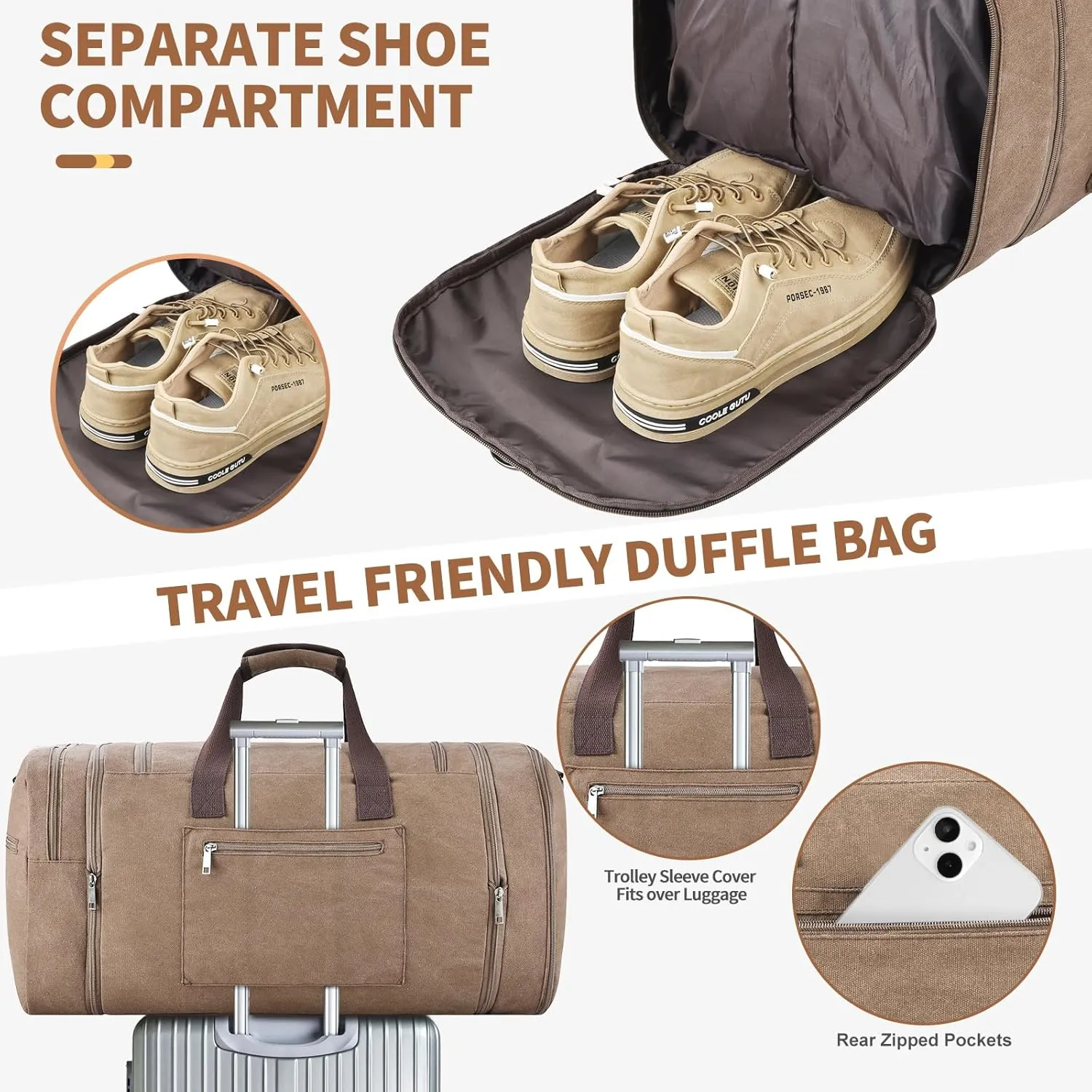 Duffle Bag for Travel, Canvas Travel Duffel Bags Large Travel Bags Overnight Weekend Gym Bag Carry On Duffel Bag with Wet Dry Separation Pocket & Shoe Compartment (Coffee)