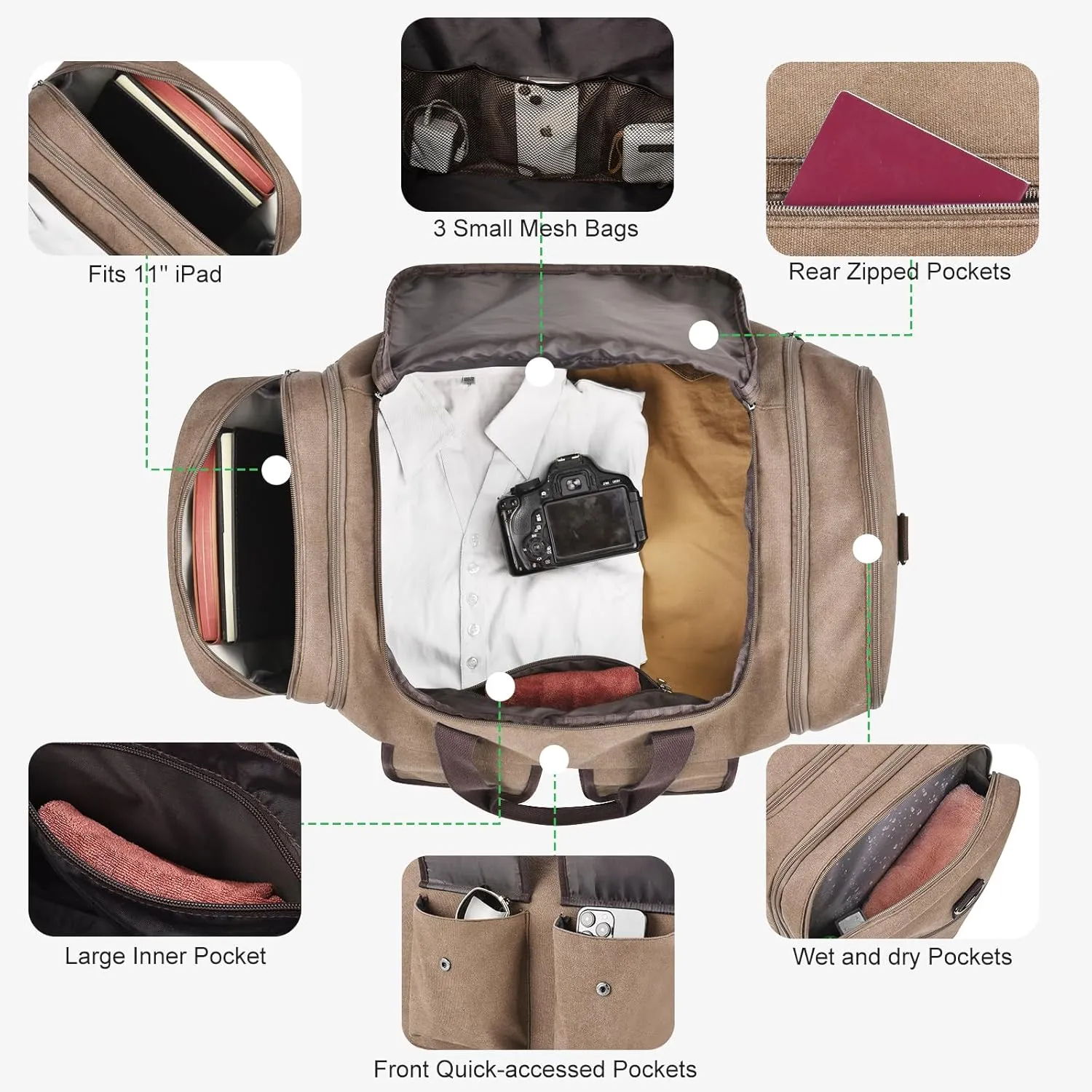 Duffle Bag for Travel, Canvas Travel Duffel Bags Large Travel Bags Overnight Weekend Gym Bag Carry On Duffel Bag with Wet Dry Separation Pocket & Shoe Compartment (Coffee)