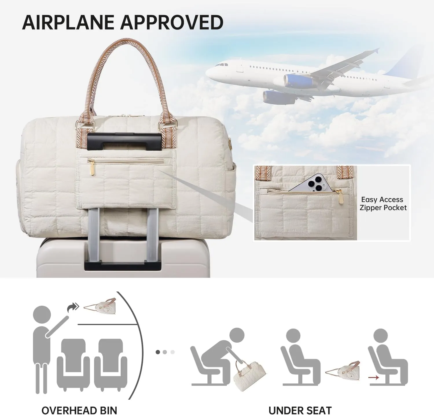 Duffle Bag for Travel, Weekender Bag with Shoe Compartment, Carry On Overnight Bag for Women with Toiletry Bag, Gym Bag with Wet Pocket, Hospital Bags for Labor and Delivery Beige