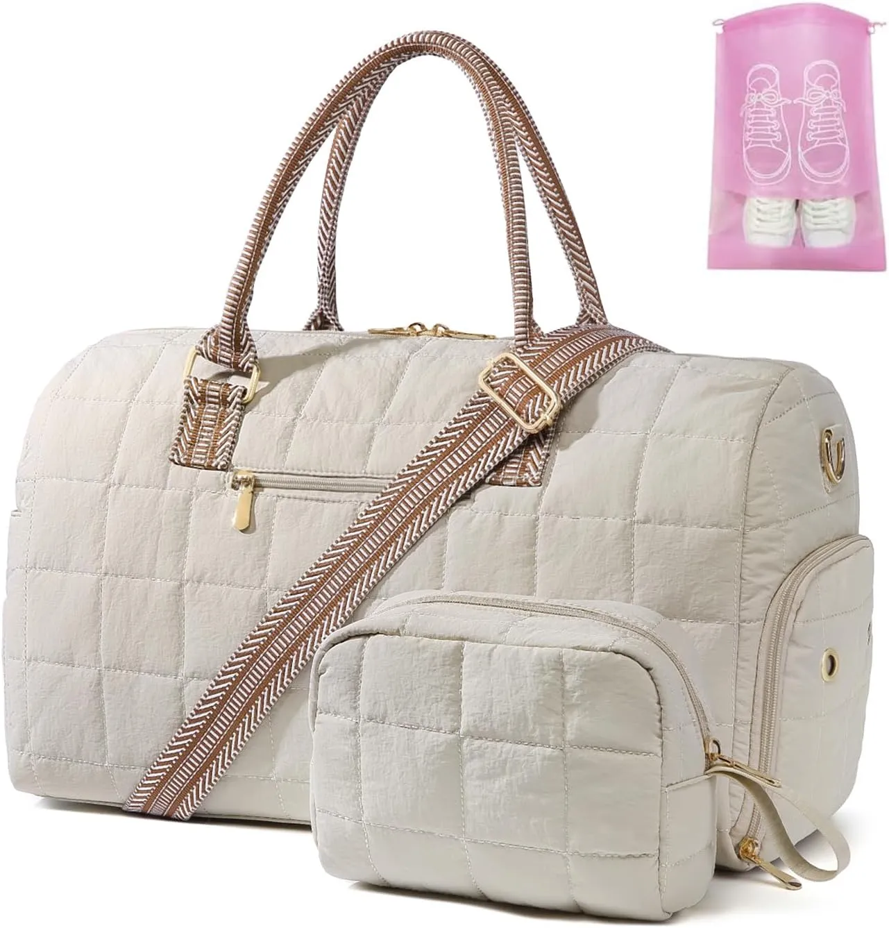 Duffle Bag for Travel, Weekender Bag with Shoe Compartment, Carry On Overnight Bag for Women with Toiletry Bag, Gym Bag with Wet Pocket, Hospital Bags for Labor and Delivery Beige