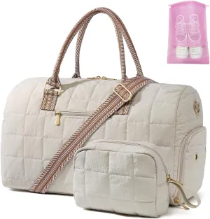 Duffle Bag for Travel, Weekender Bag with Shoe Compartment, Carry On Overnight Bag for Women with Toiletry Bag, Gym Bag with Wet Pocket, Hospital Bags for Labor and Delivery Beige