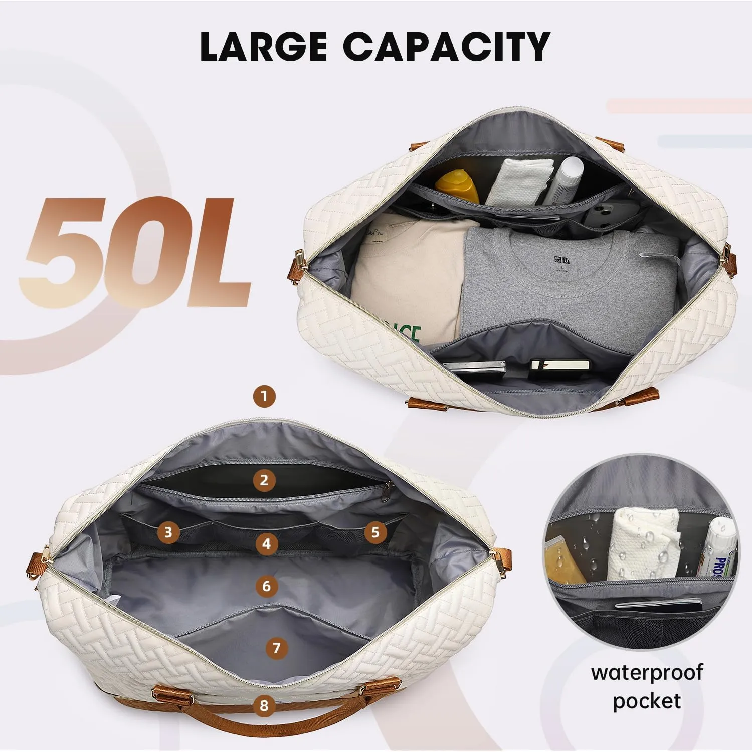 Duffle Bags for women,50L Quilted Travel Weekender Bag with Shoe Compartment, Large Carry On Overnight Tote Gym Bag