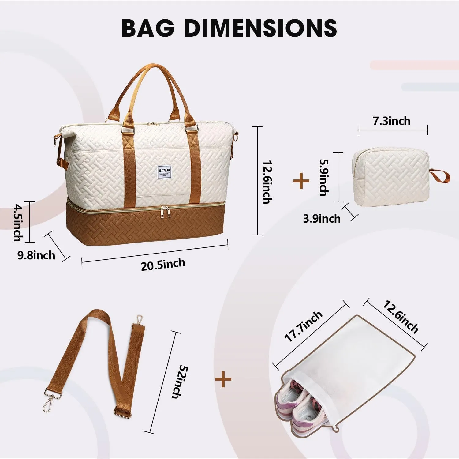 Duffle Bags for women,50L Quilted Travel Weekender Bag with Shoe Compartment, Large Carry On Overnight Tote Gym Bag
