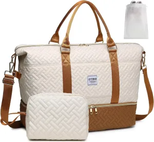 Duffle Bags for women,50L Quilted Travel Weekender Bag with Shoe Compartment, Large Carry On Overnight Tote Gym Bag