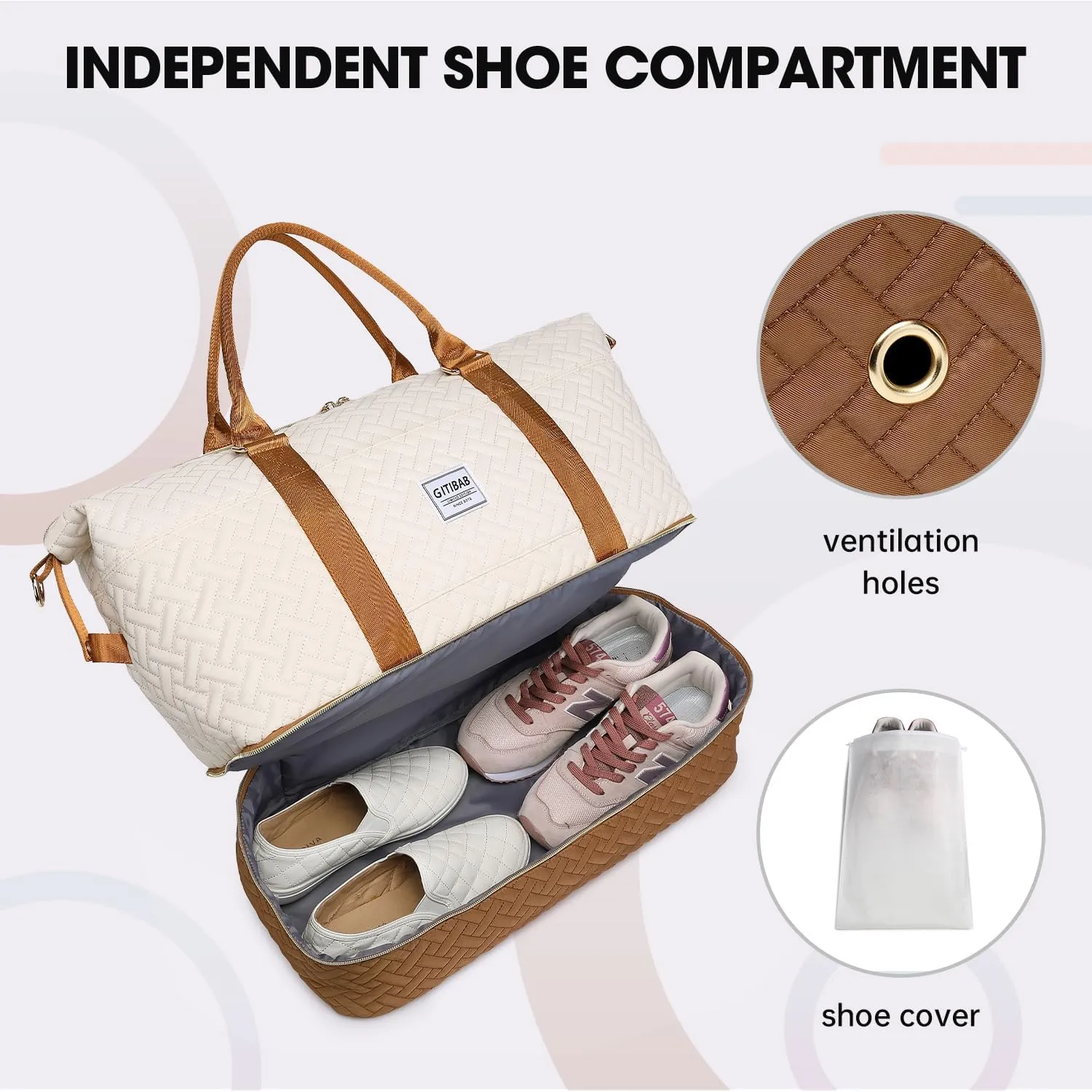 Duffle Bags for women,50L Quilted Travel Weekender Bag with Shoe Compartment, Large Carry On Overnight Tote Gym Bag