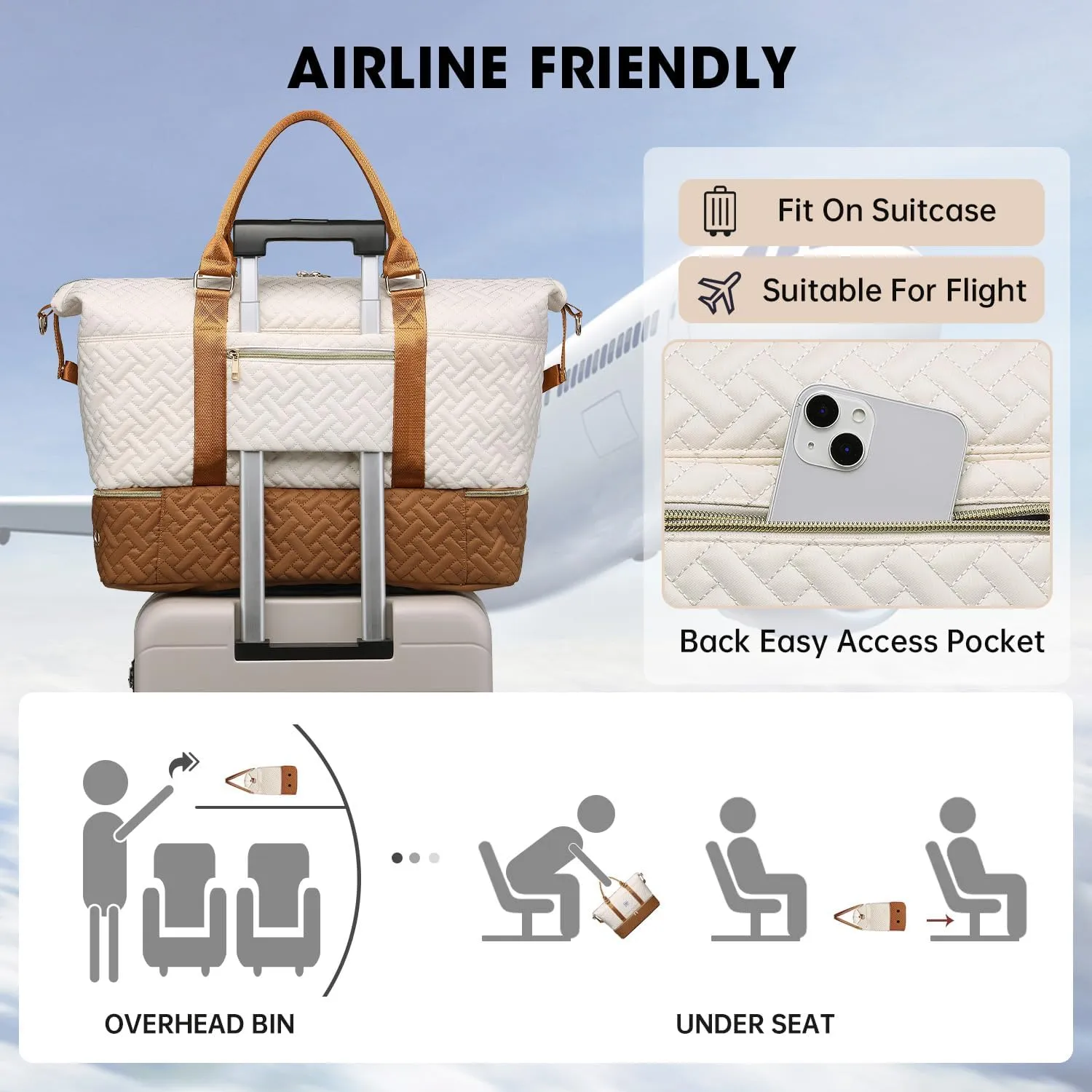 Duffle Bags for women,50L Quilted Travel Weekender Bag with Shoe Compartment, Large Carry On Overnight Tote Gym Bag