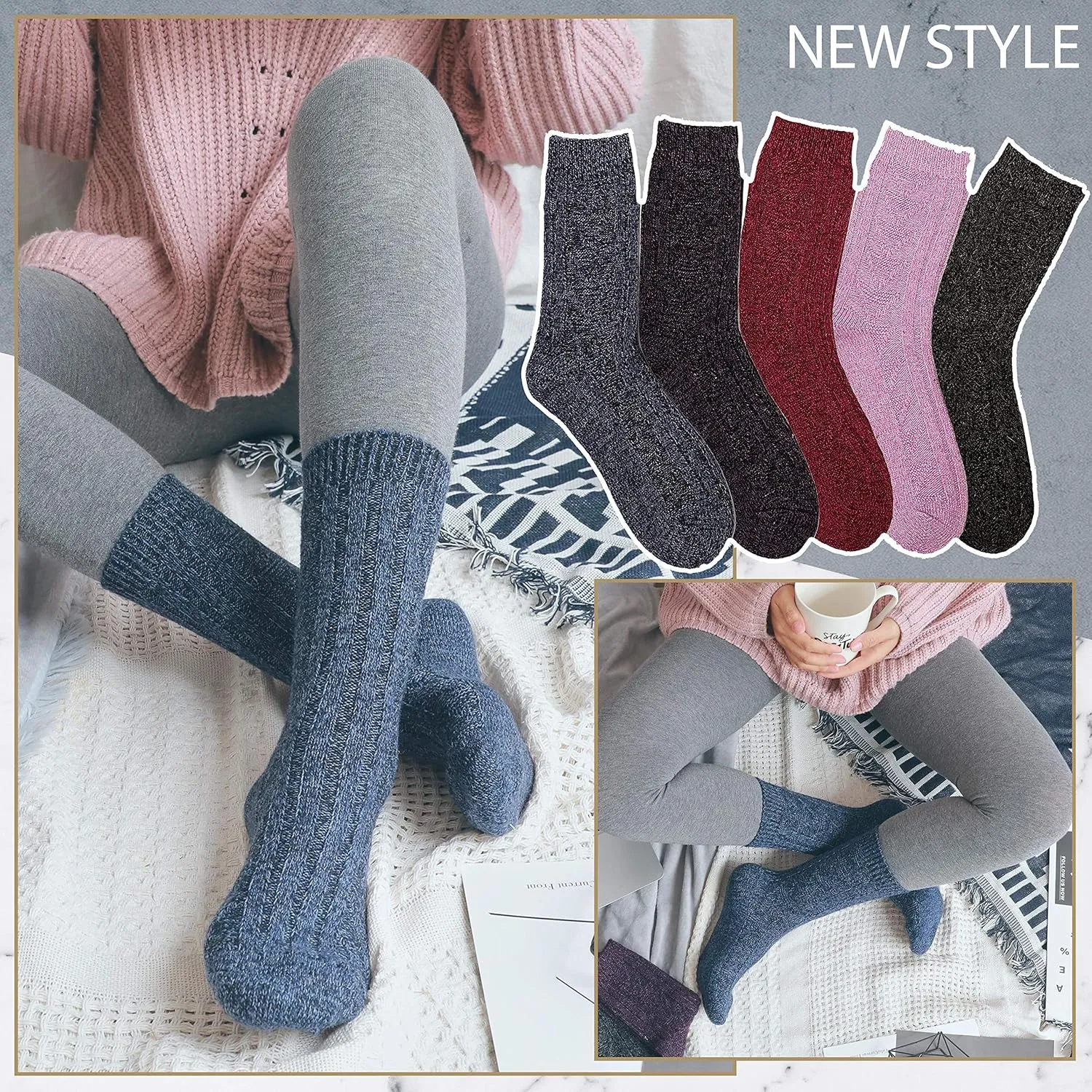 EBMORE 5 Pairs Merino Wool Socks for Women Thermal Warm Thick Winter Hiking Knit Cozy Crew Duty Work Soft Socks for Ladies