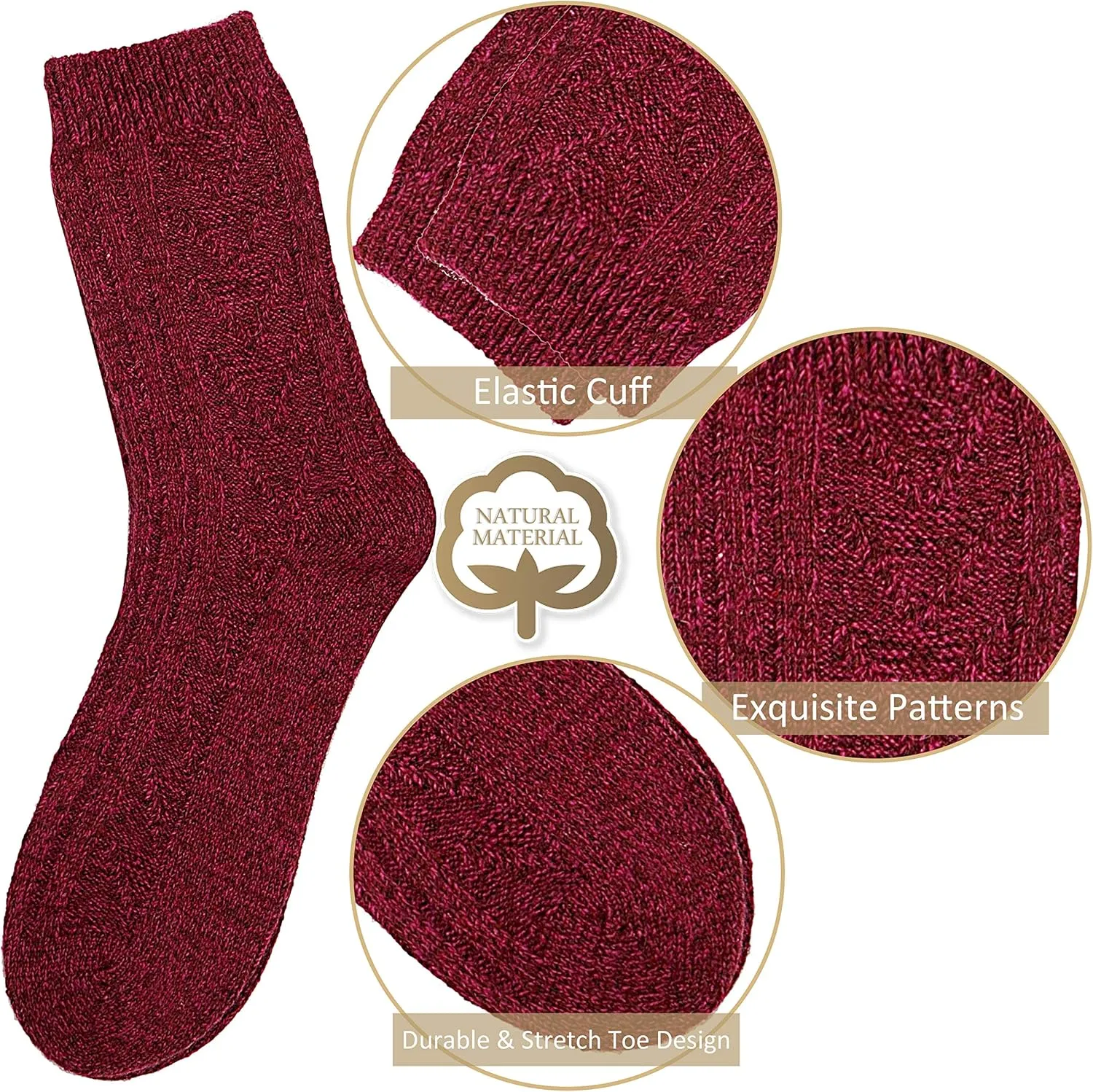 EBMORE 5 Pairs Merino Wool Socks for Women Thermal Warm Thick Winter Hiking Knit Cozy Crew Duty Work Soft Socks for Ladies