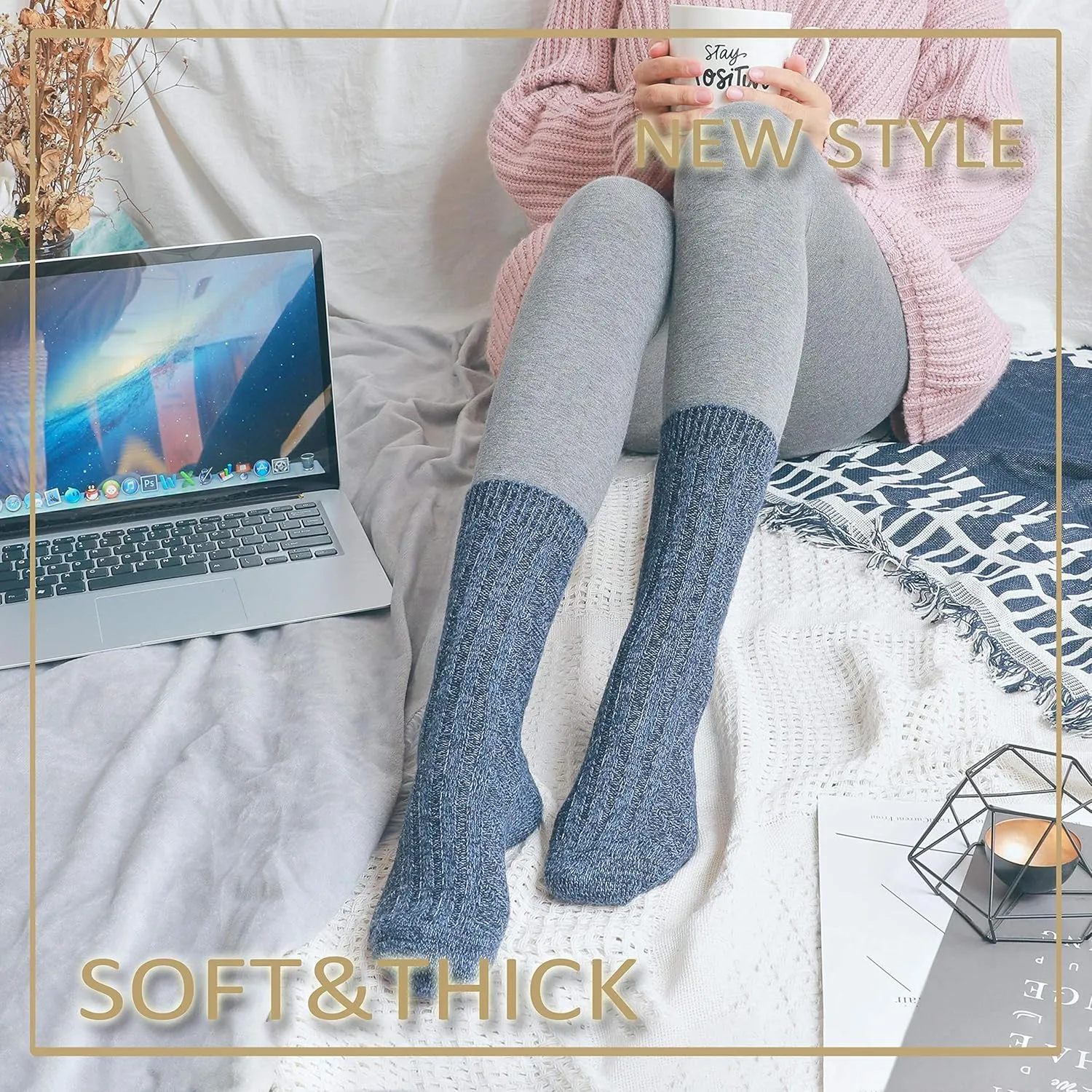 EBMORE 5 Pairs Merino Wool Socks for Women Thermal Warm Thick Winter Hiking Knit Cozy Crew Duty Work Soft Socks for Ladies
