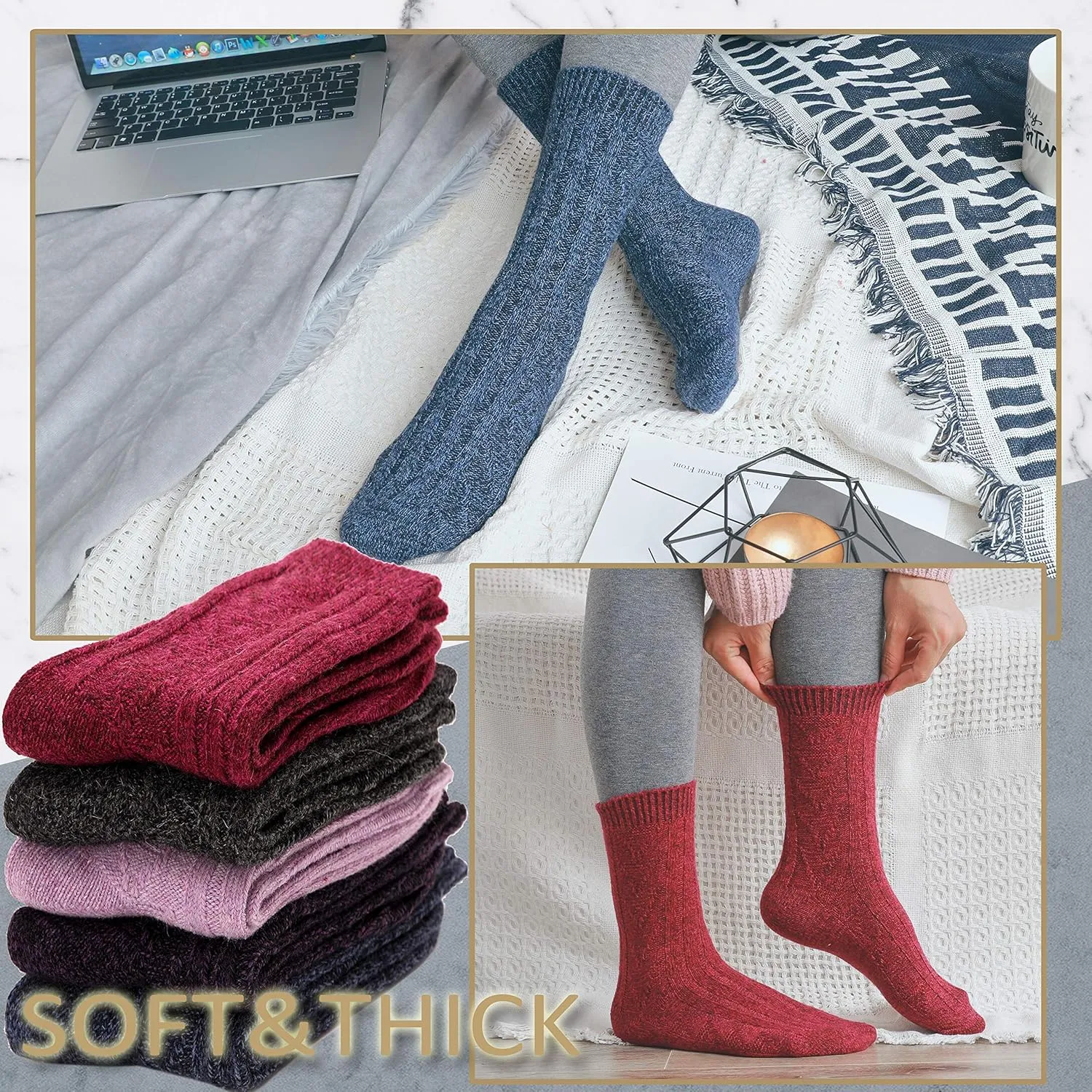 EBMORE 5 Pairs Merino Wool Socks for Women Thermal Warm Thick Winter Hiking Knit Cozy Crew Duty Work Soft Socks for Ladies