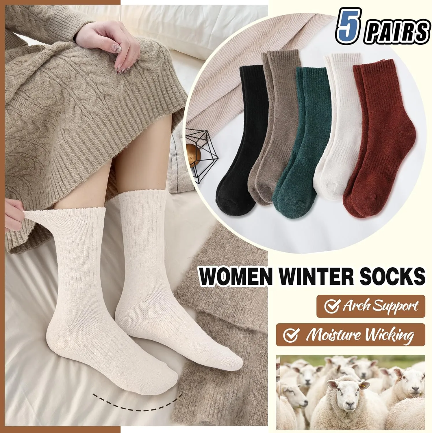 EBMORE 5 Pairs Women Merino Wool Socks Thermal Hiking Winter Warm Thick Cozy Cabin Crew Comfy Socks for Ladies