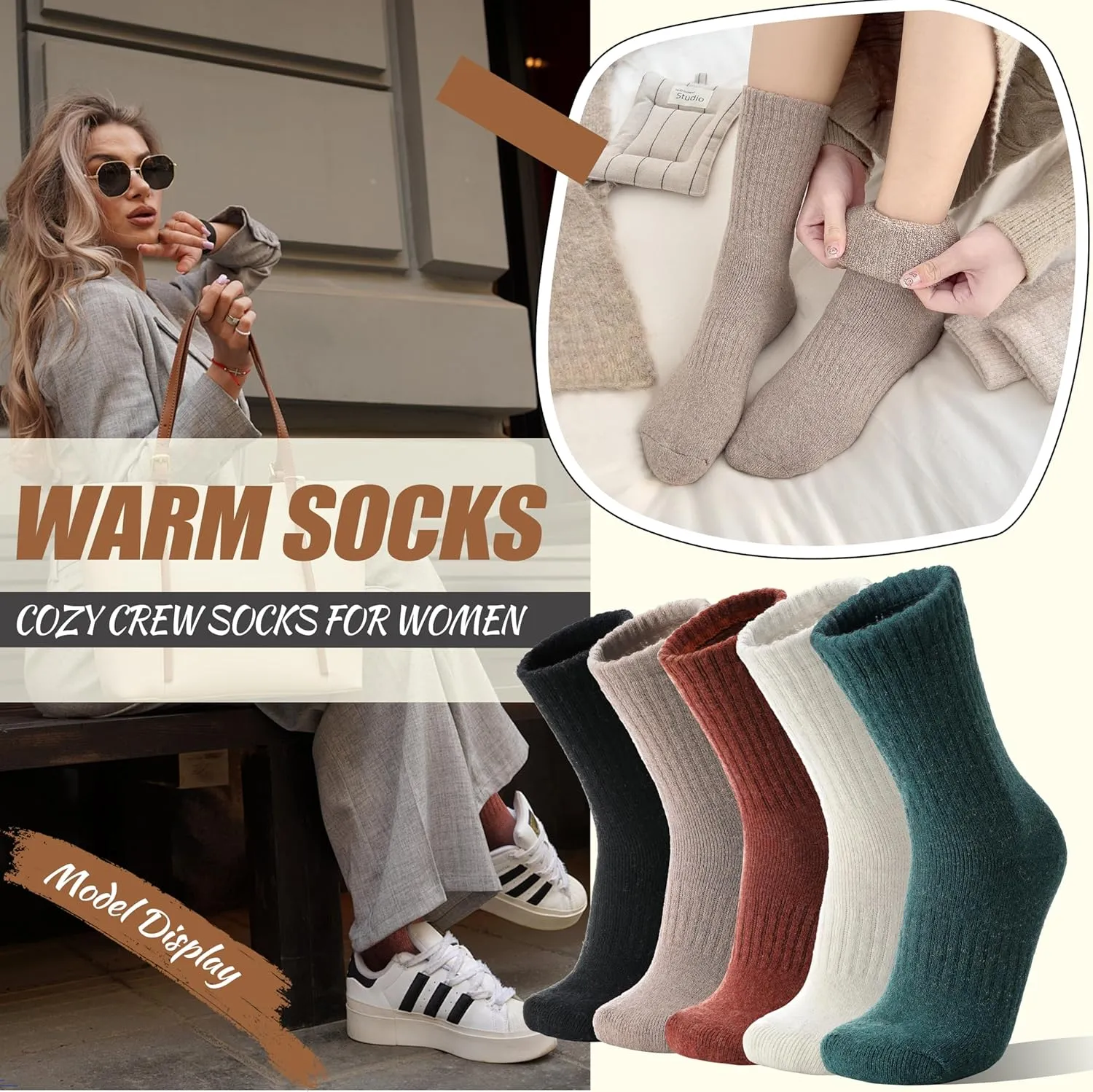 EBMORE 5 Pairs Women Merino Wool Socks Thermal Hiking Winter Warm Thick Cozy Cabin Crew Comfy Socks for Ladies