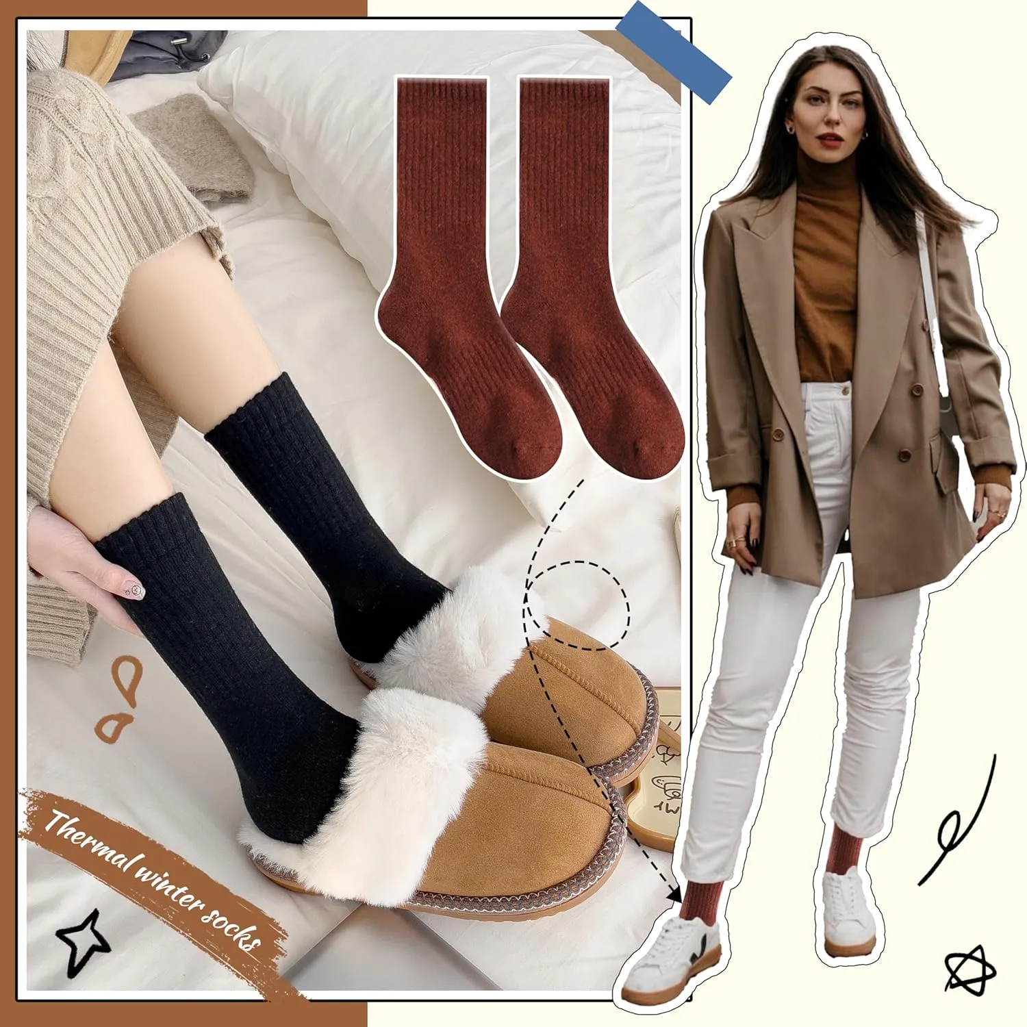 EBMORE 5 Pairs Women Merino Wool Socks Thermal Hiking Winter Warm Thick Cozy Cabin Crew Comfy Socks for Ladies