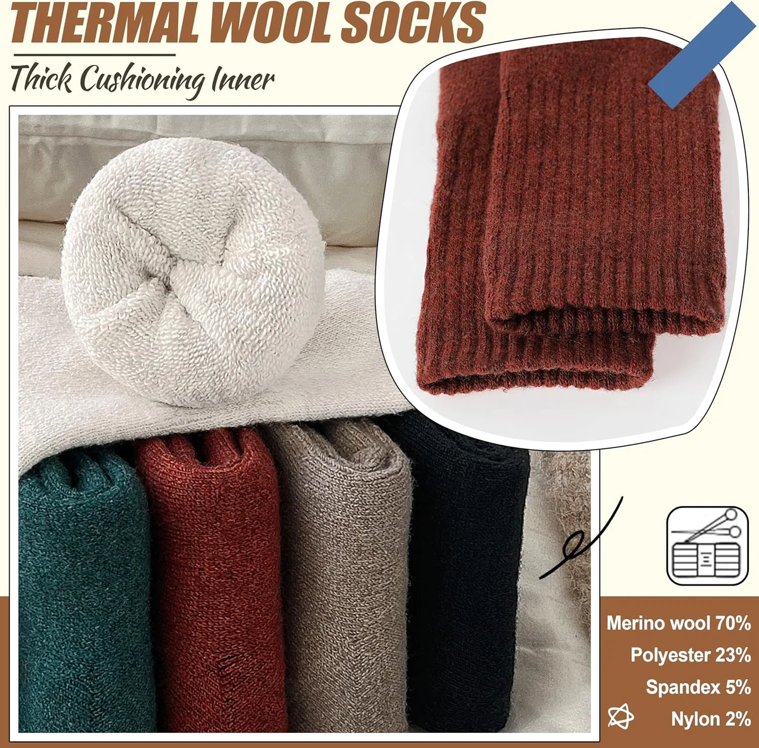 EBMORE 5 Pairs Women Merino Wool Socks Thermal Hiking Winter Warm Thick Cozy Cabin Crew Comfy Socks for Ladies