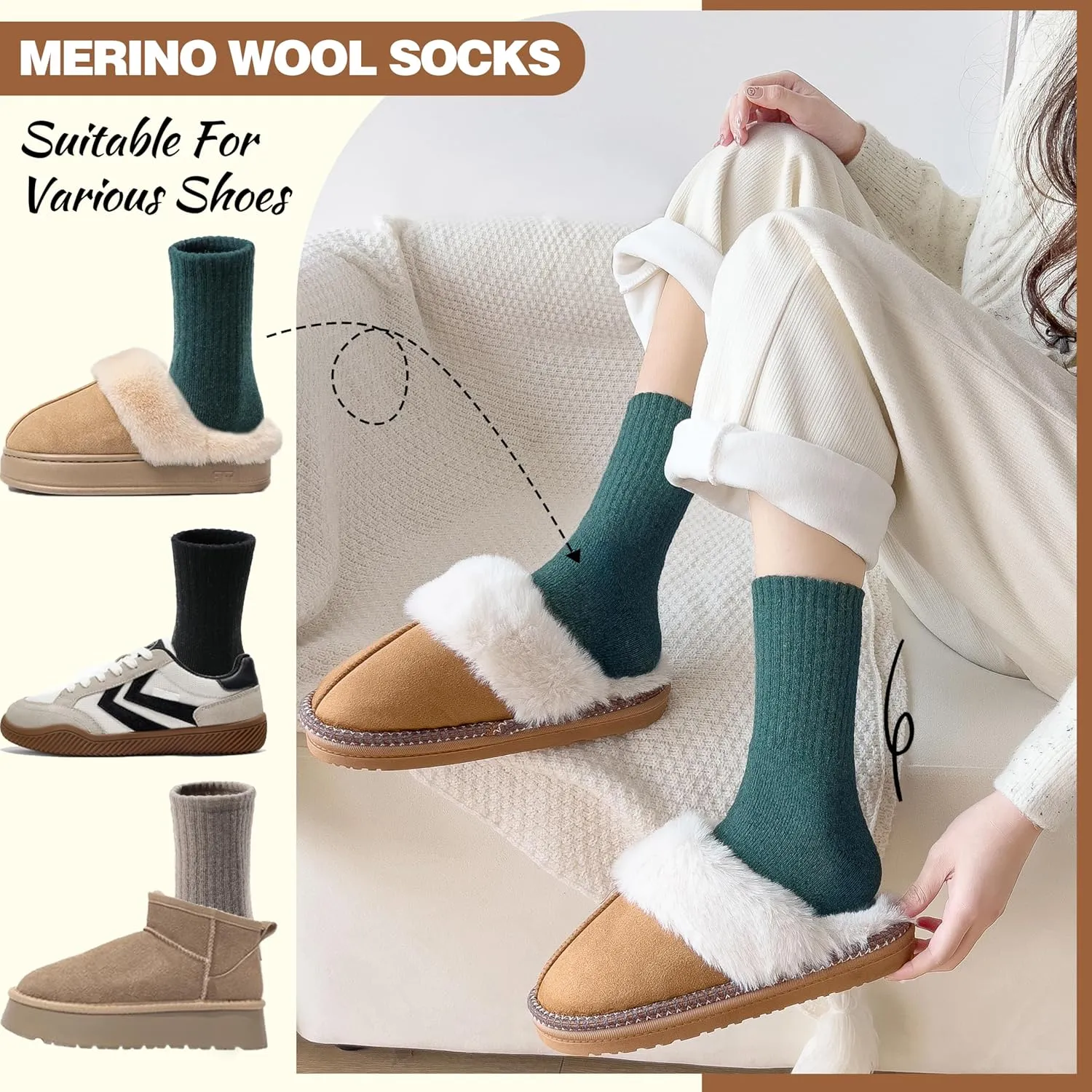EBMORE 5 Pairs Women Merino Wool Socks Thermal Hiking Winter Warm Thick Cozy Cabin Crew Comfy Socks for Ladies