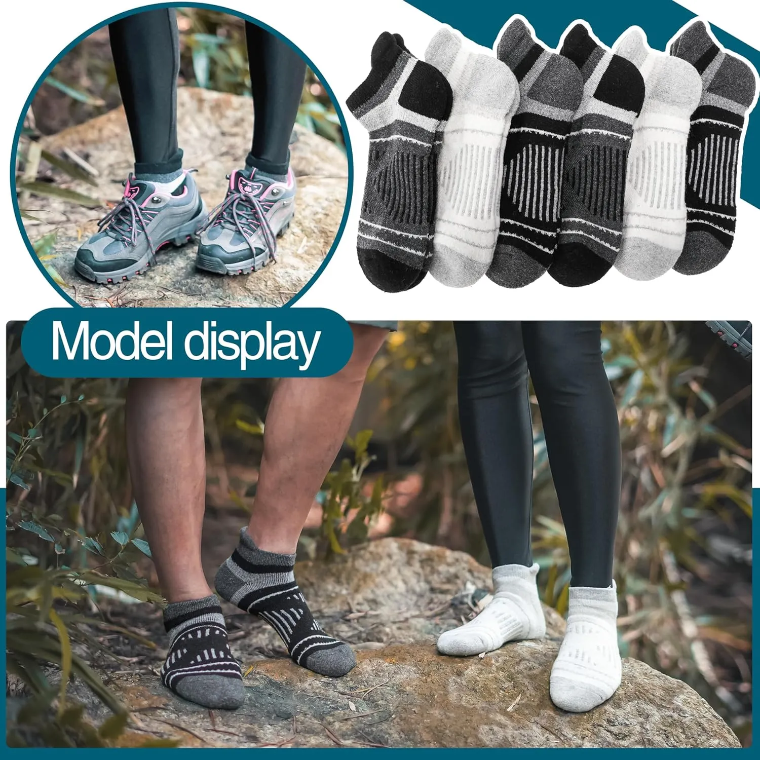 EBMORE 6 Pairs Merino Wool Ankle Hiking Running Socks Compression Support Thick Cushion No Show Socks for Men Women