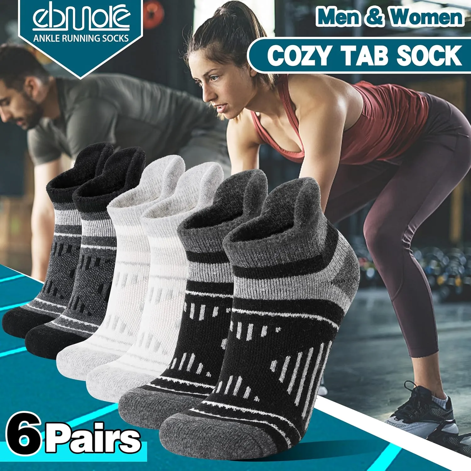 EBMORE 6 Pairs Merino Wool Ankle Hiking Running Socks Compression Support Thick Cushion No Show Socks for Men Women