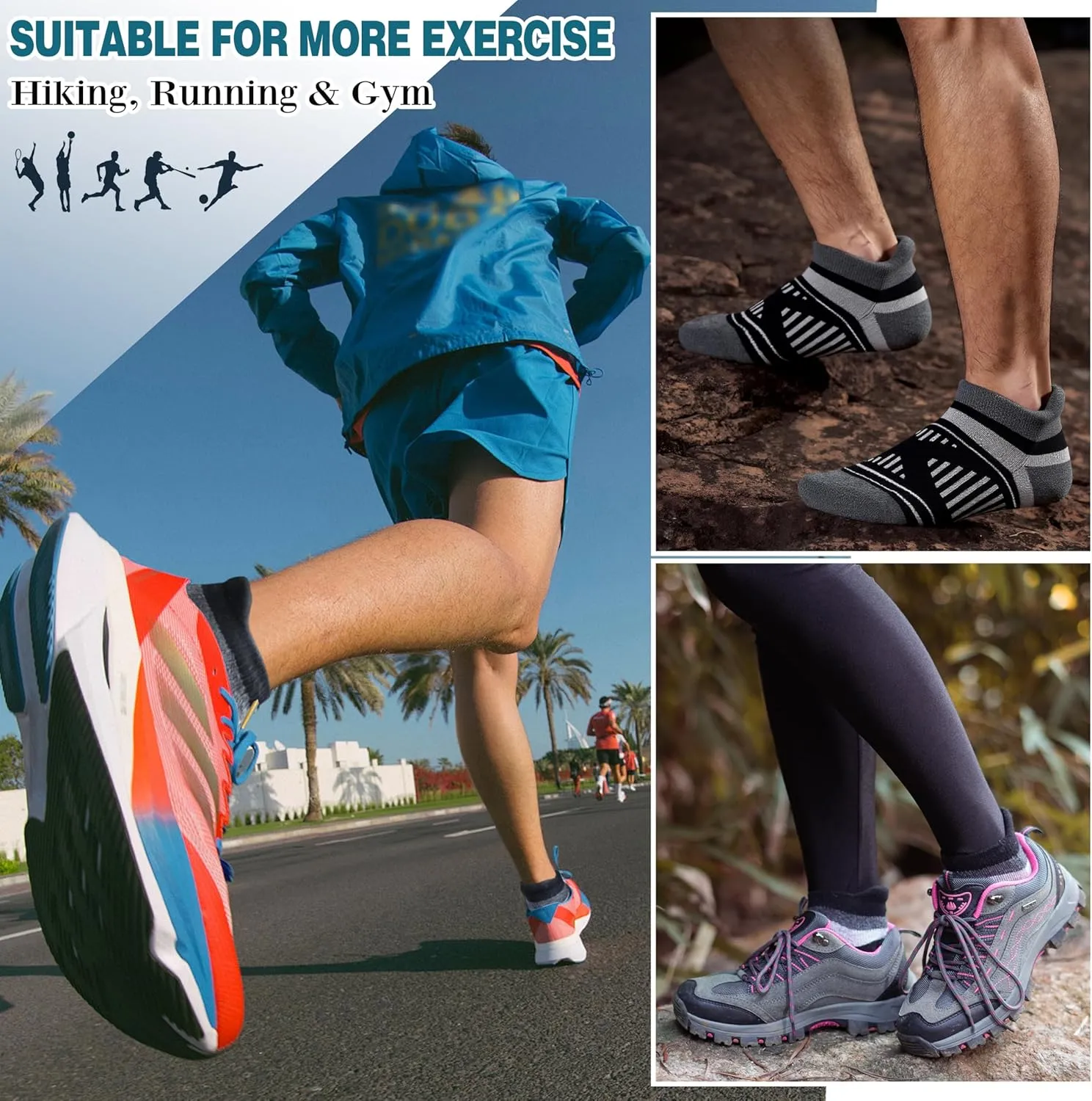 EBMORE 6 Pairs Merino Wool Ankle Hiking Running Socks Compression Support Thick Cushion No Show Socks for Men Women
