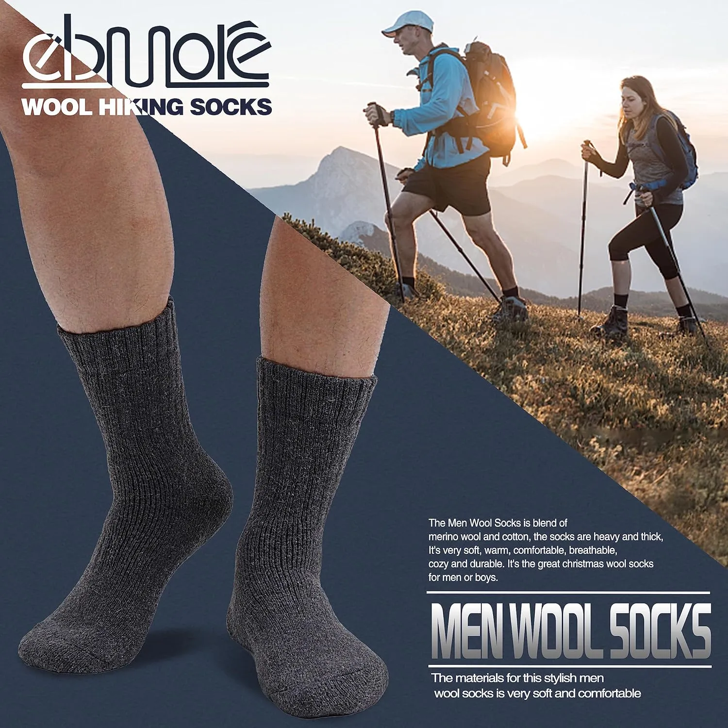 EBMORE Men Merino Wool Socks Super Thick Thermal Hiking Winter Warm Boot Heavy Soft Cozy Socks for Cold Weather