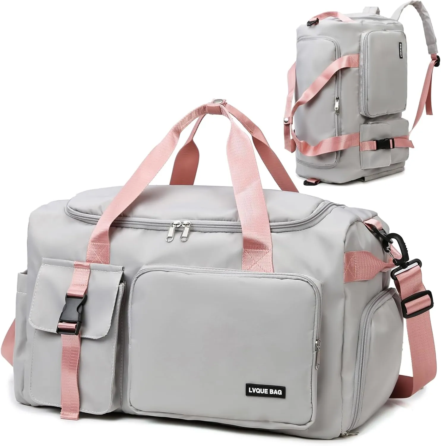 Eslcorri Gym Duffle Bag for Women Men, Sports Backpack with Wet & Shoe Compartment, Fitness Overnight Weekender Bag for Yoga, Swim, Travel (Style B, GrayPink)