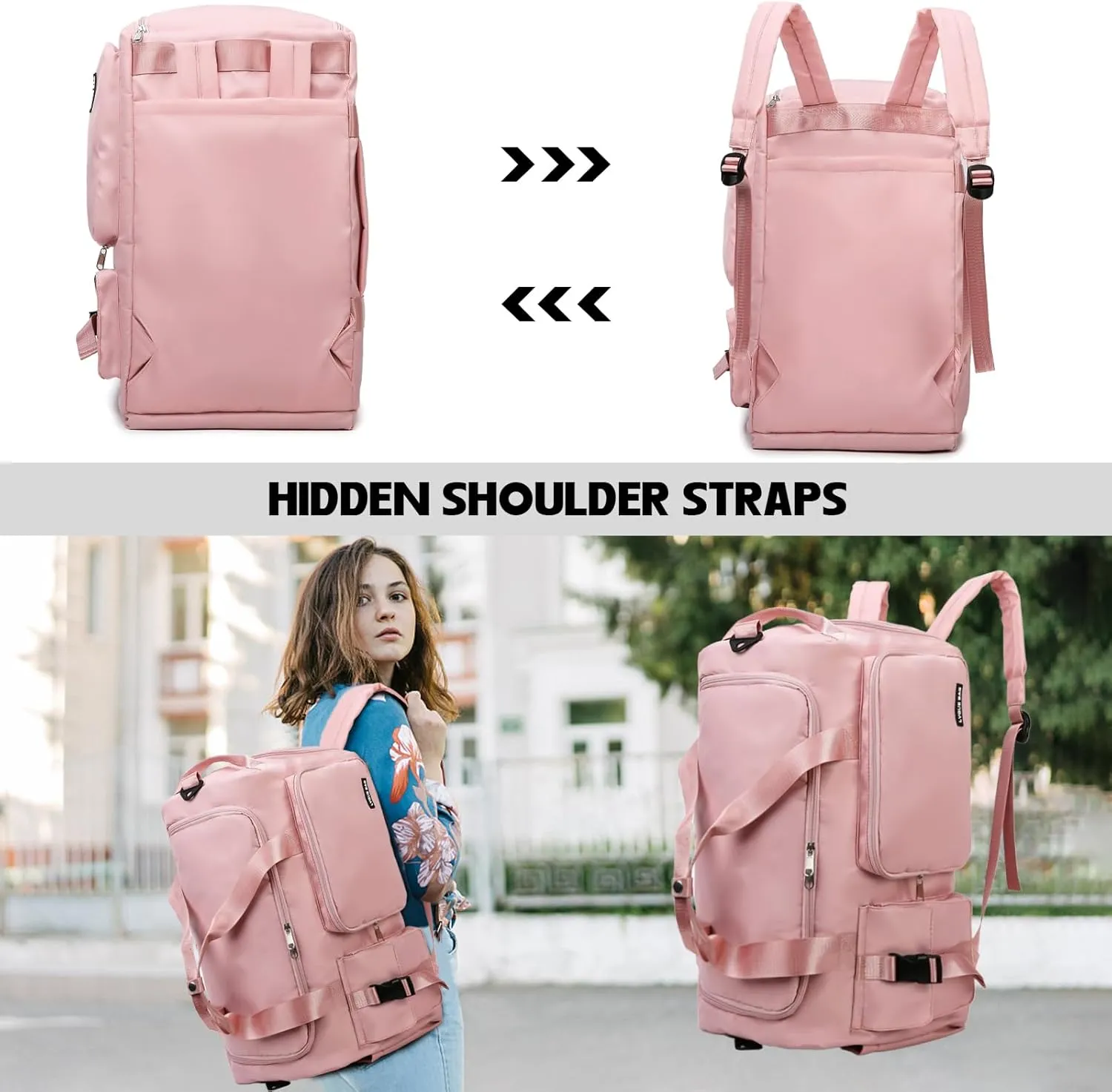 Eslcorri Gym Duffle Bag for Women Men, Sports Backpack with Wet & Shoe Compartment, Fitness Overnight Weekender Bag for Yoga, Swim, Travel (Style B, GrayPink)