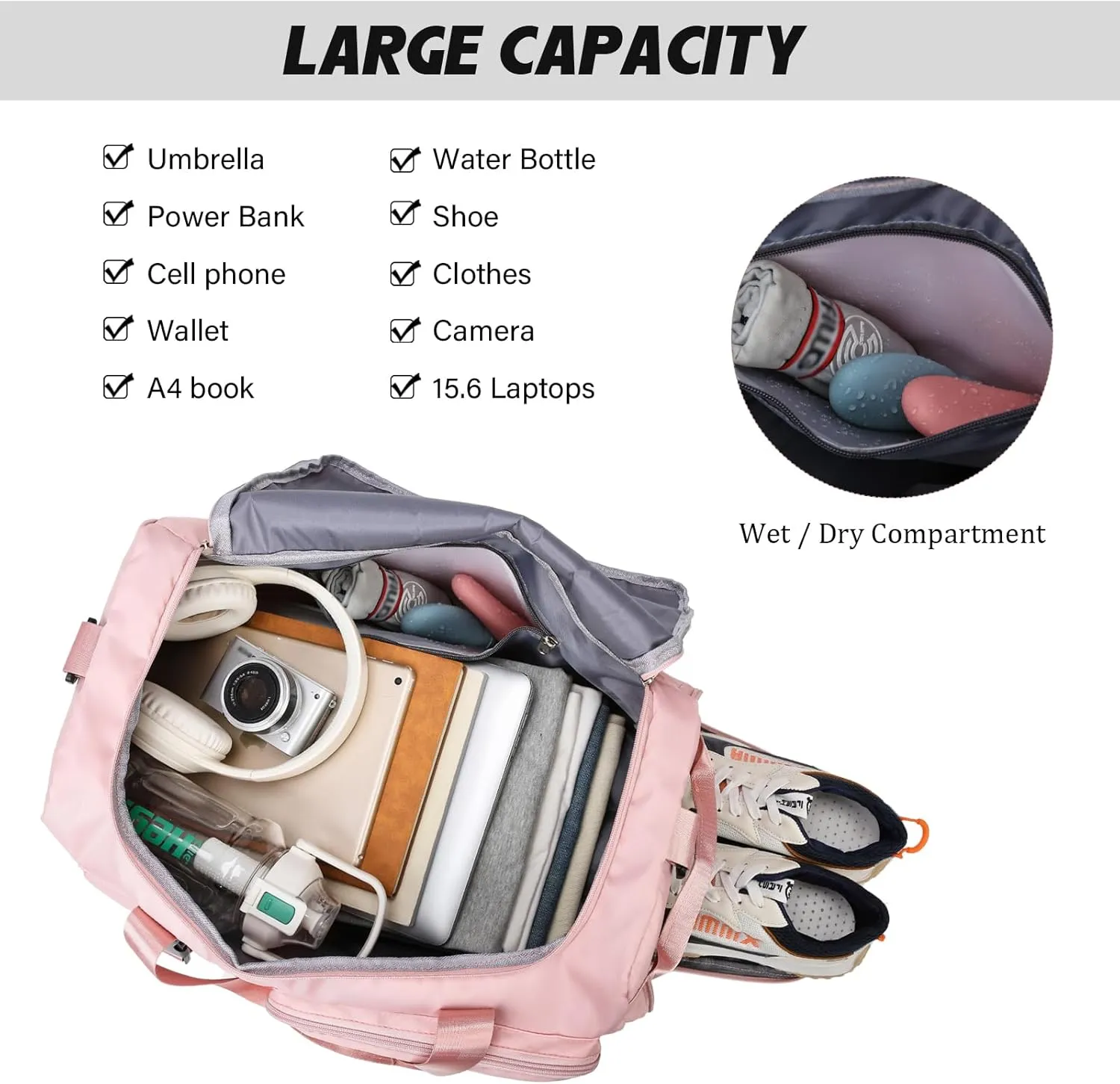 Eslcorri Gym Duffle Bag for Women Men, Sports Backpack with Wet & Shoe Compartment, Fitness Overnight Weekender Bag for Yoga, Swim, Travel (Style B, GrayPink)